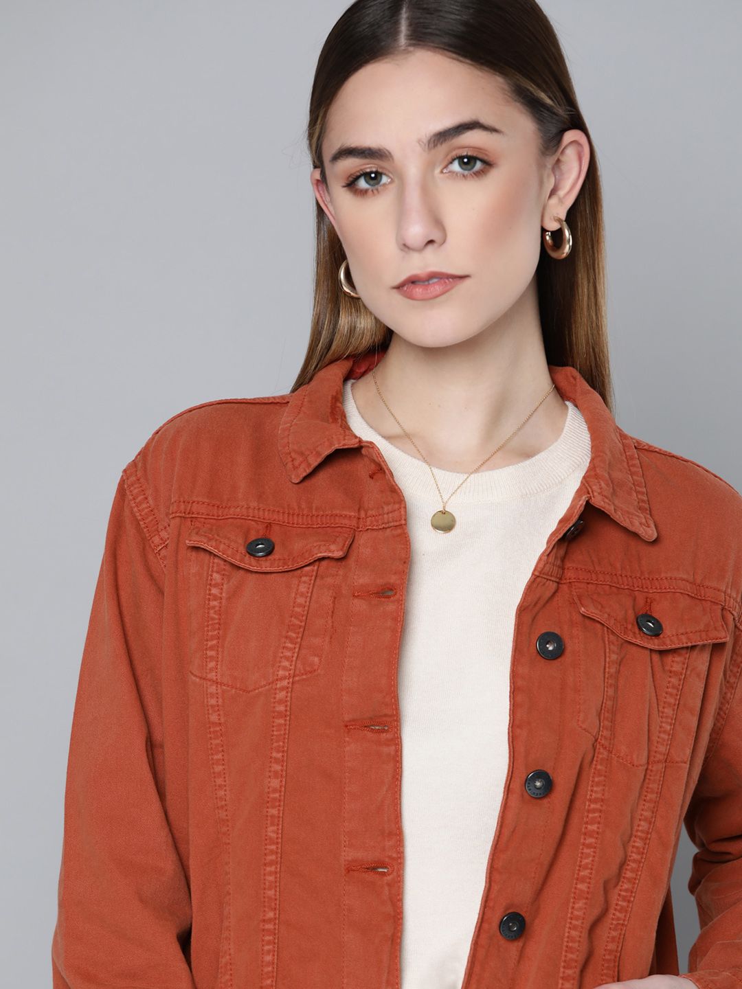 Chemistry Women Rust Orange Pure Cotton Solid Denim Jacket Price in India