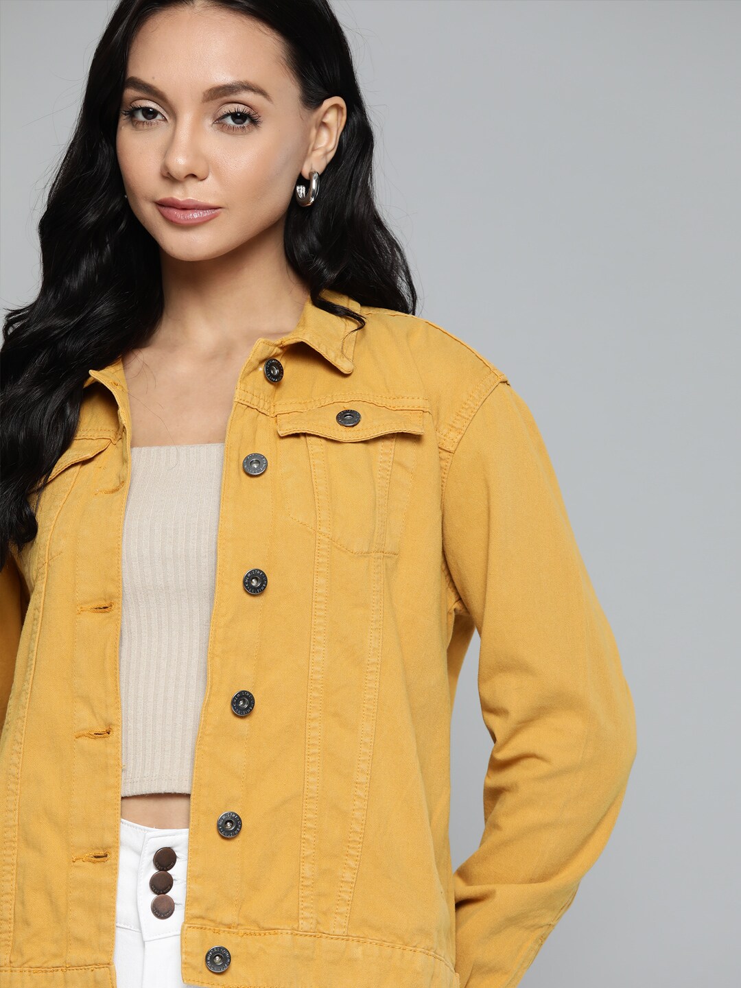 Chemistry Women Mustard Yellow Overdyed Pure Cotton Denim Jacket Price in India