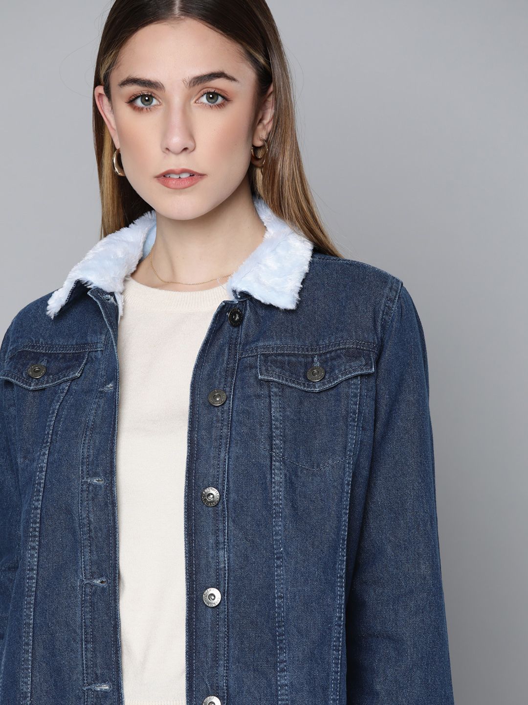 Chemistry Women Blue Pure Cotton Solid Denim Jacket Price in India