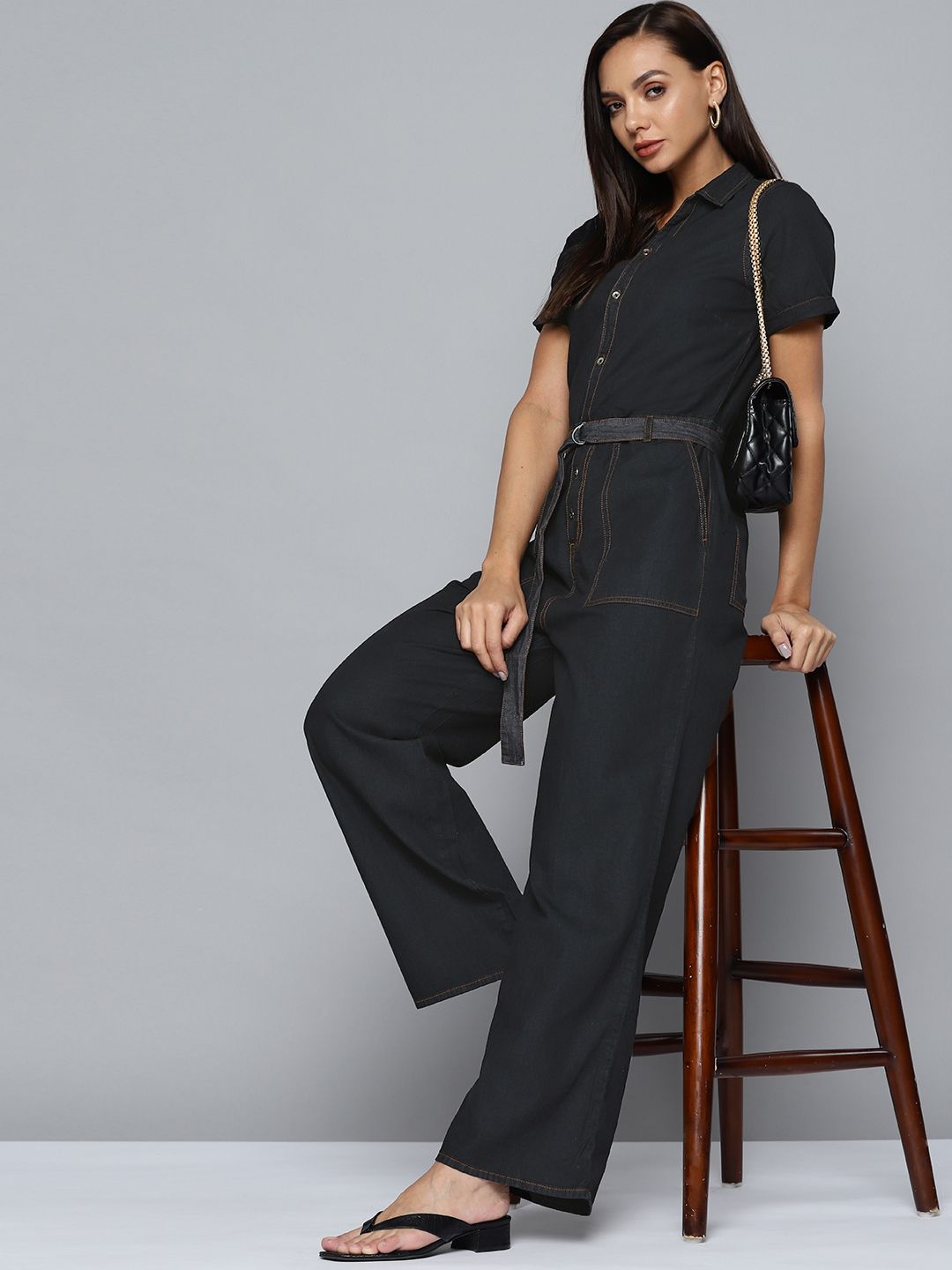 Chemistry Black Solid Cotton Chambray Basic Jumpsuit With Belt Price in India