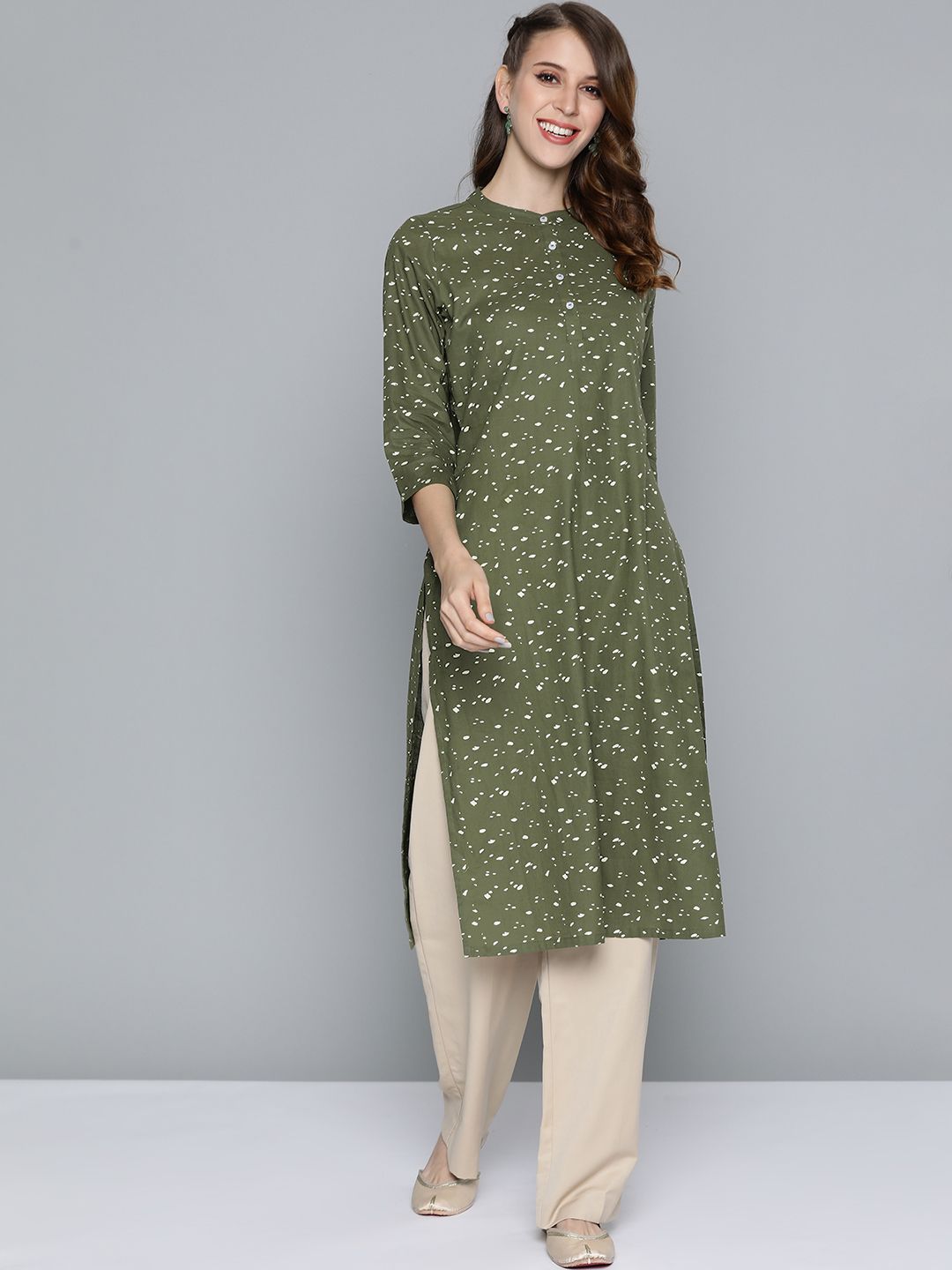 HERE&NOW Women Olive Green & Off White Cotton Printed Straight Kurta