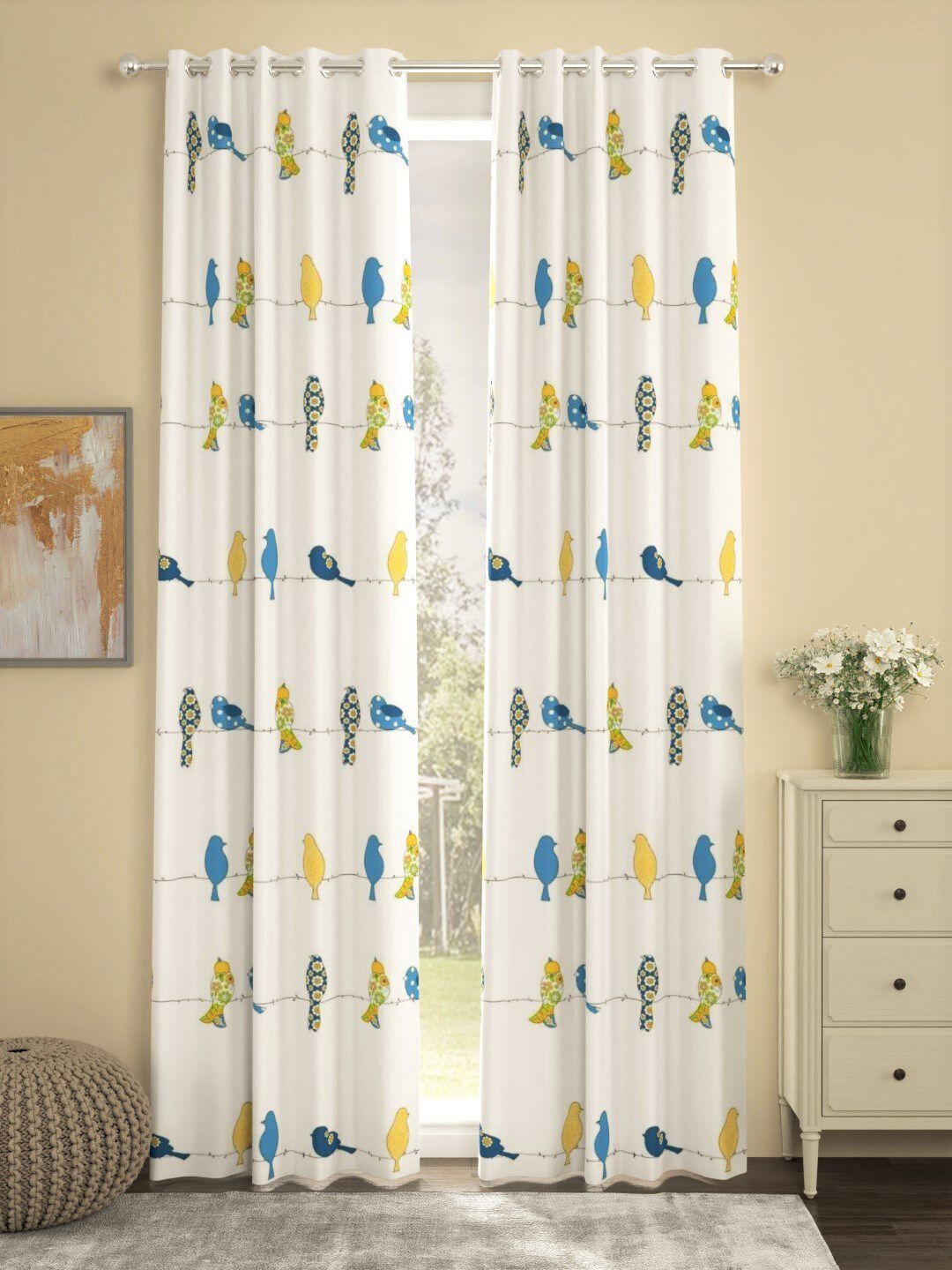 URBAN SPACE White & Blue Set of 2 Long Door Curtains Price in India