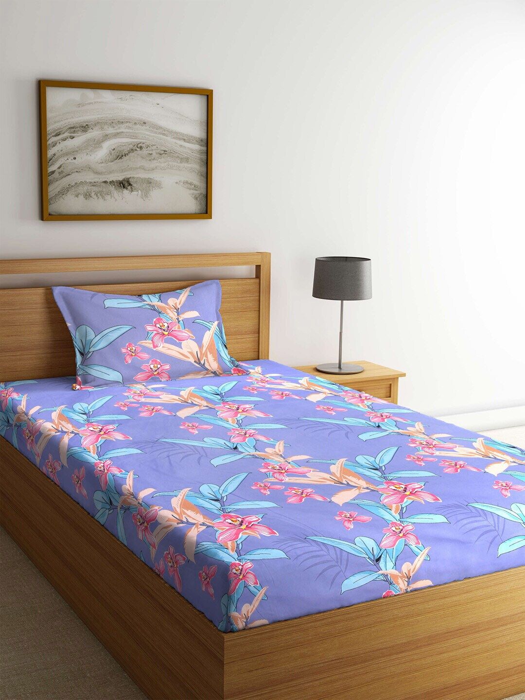 KLOTTHE Blue Floral 210 TC Polycotton 1 Single Bedsheet with 1 Pillow Covers Price in India