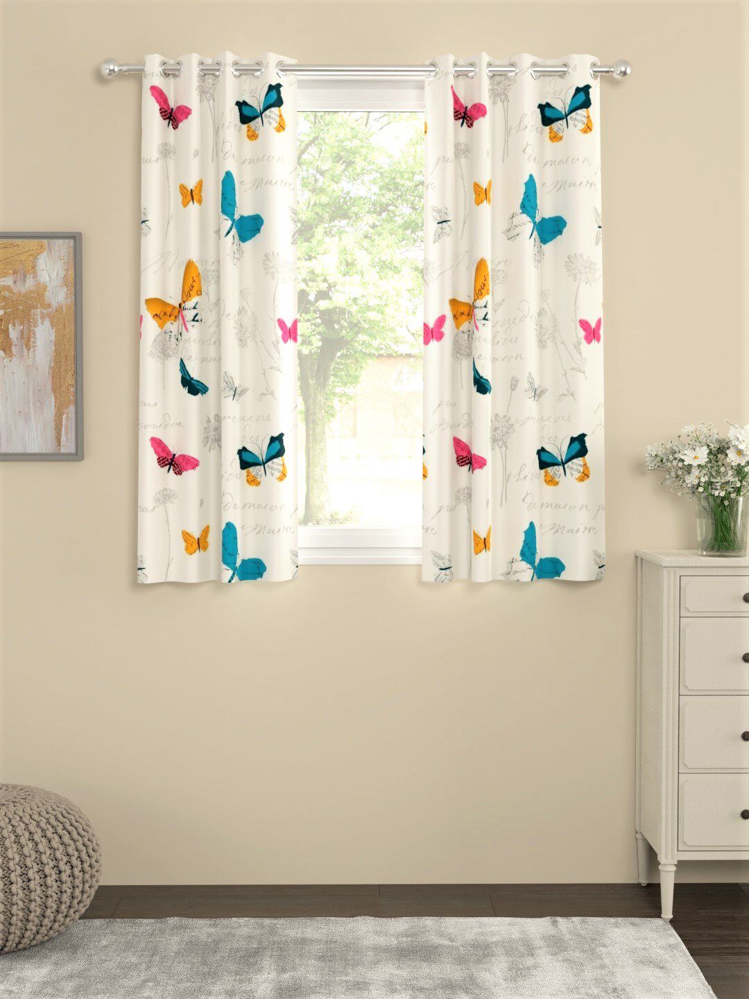 URBAN SPACE Cream-Coloured & Blue Set of 2 Curtains Price in India