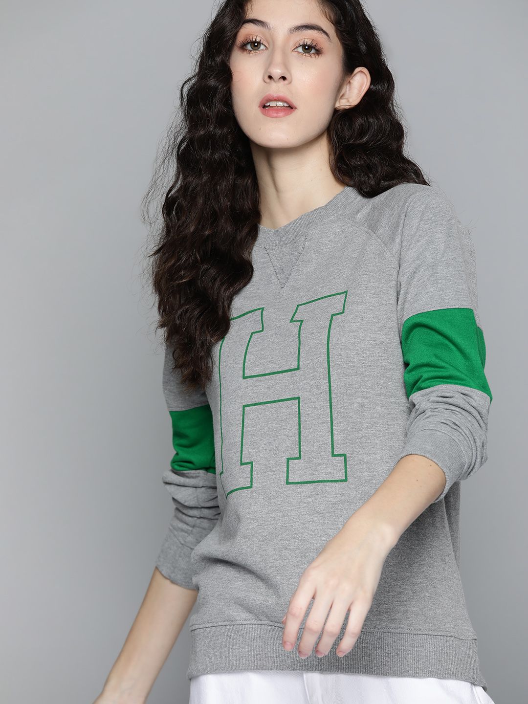 Harvard Women Grey Melange Printed Pullover Sweatshirt Price in India