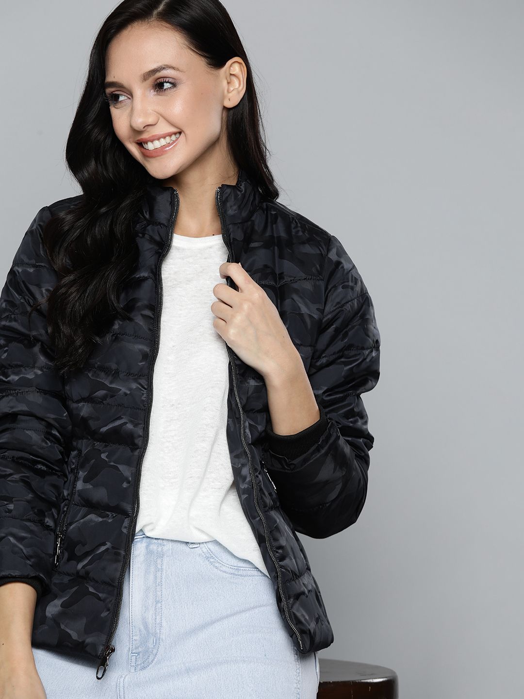 Mast & Harbour Women Black Camouflage Print Padded Jacket Price in India