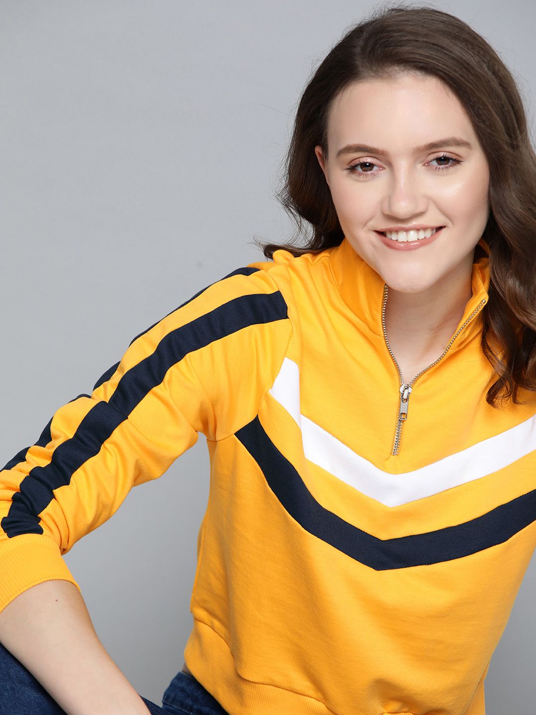 Mast & Harbour Women Yellow & Black Striped Sweatshirt Price in India