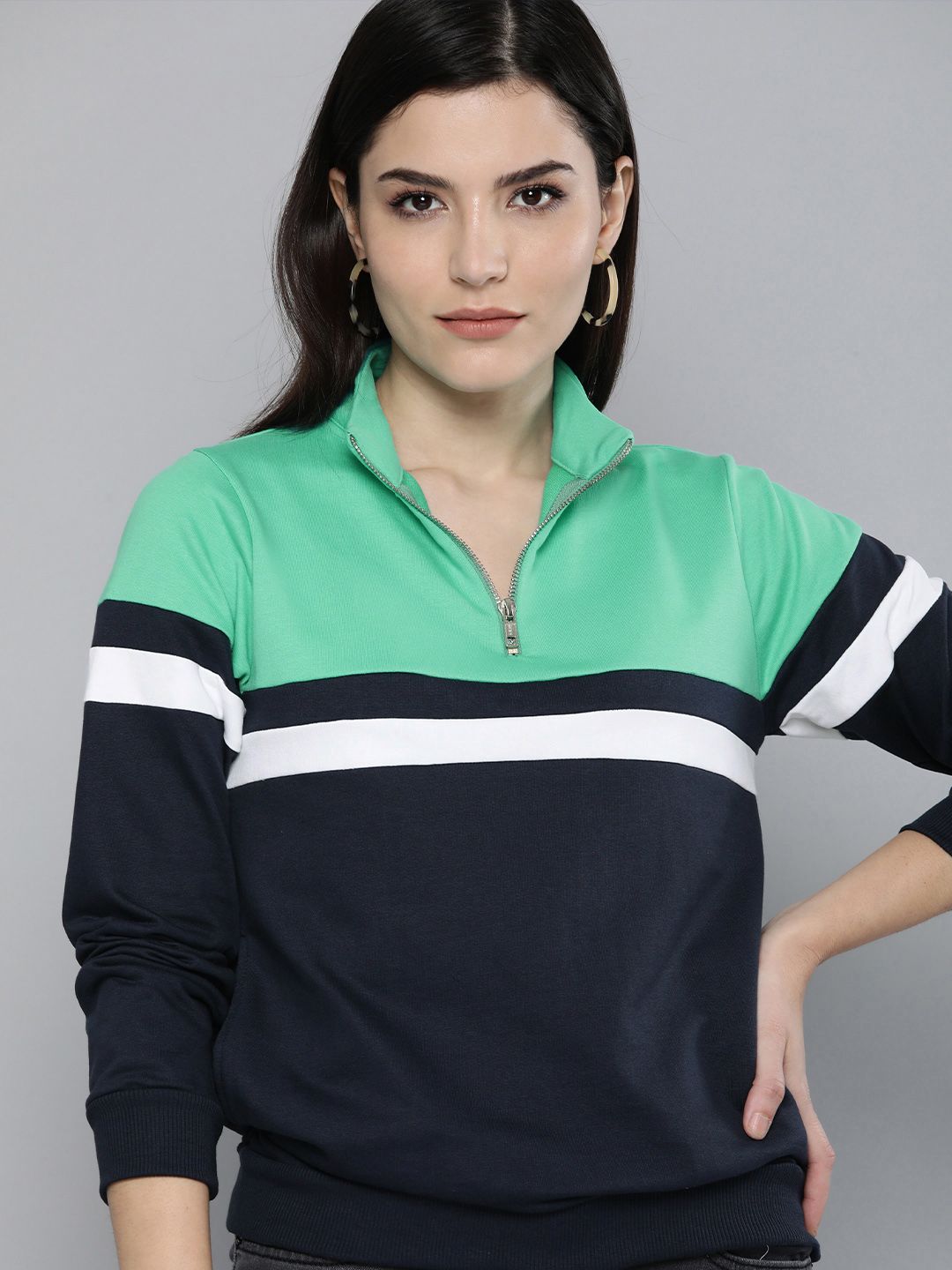 Mast & Harbour Women Navy Blue & Green Colourblocked Sweatshirt Price in India