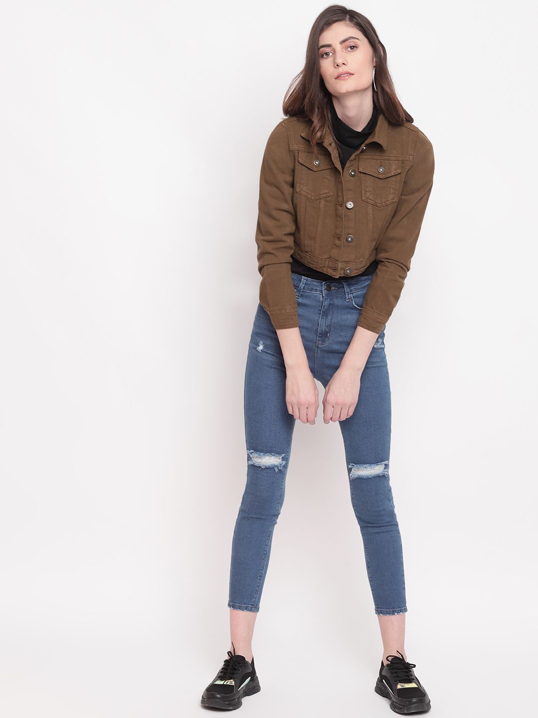 Belliskey Women Brown Crop Denim Jacket Price in India