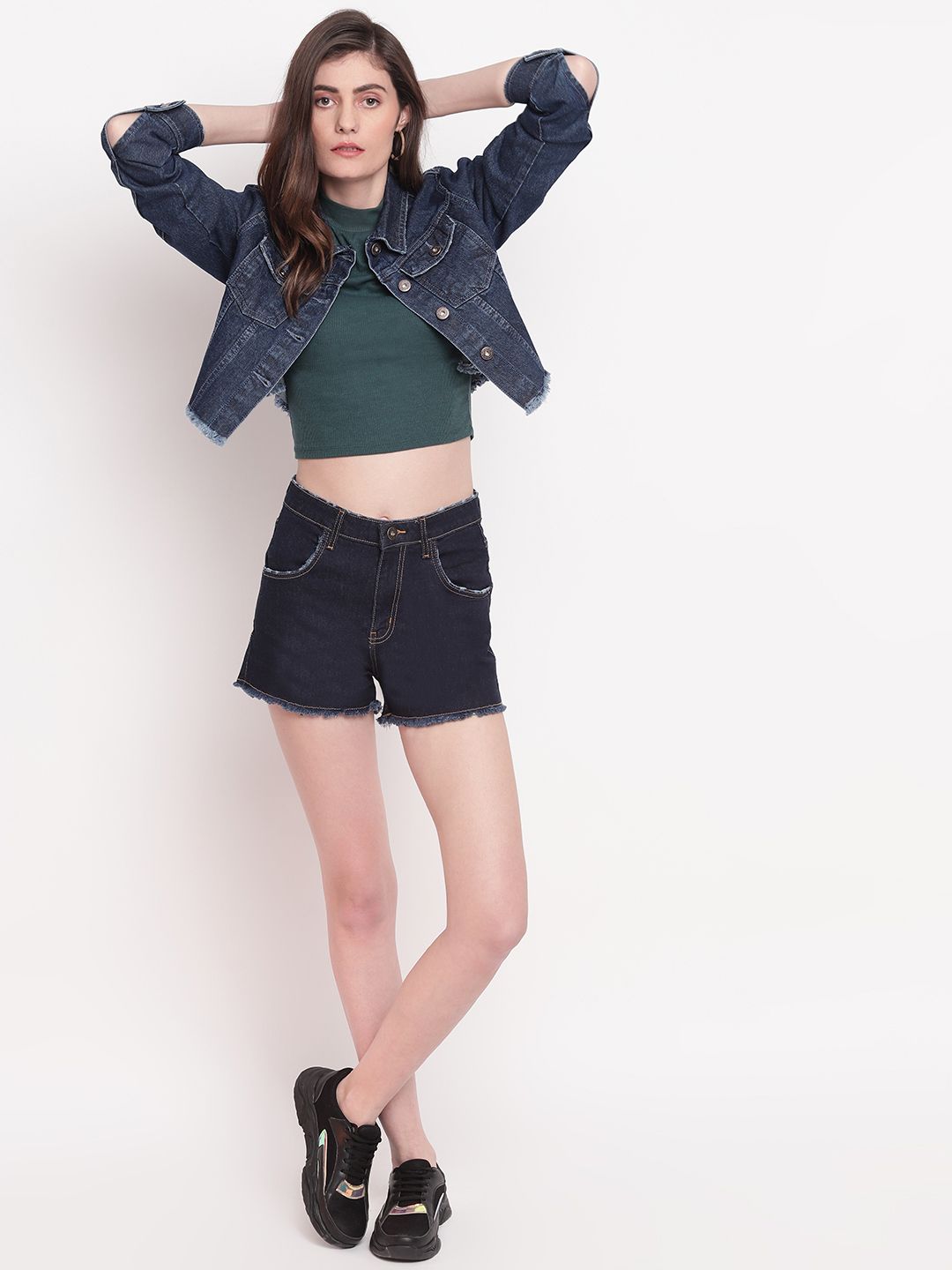 Belliskey Women Blue Crop Denim Jacket Price in India