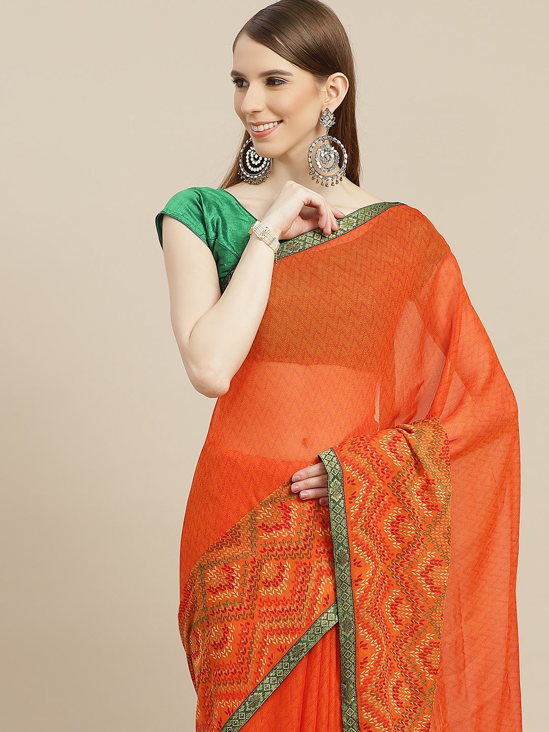 Anouk Orange & Yellow Ethnic Motifs Pure Georgette Saree