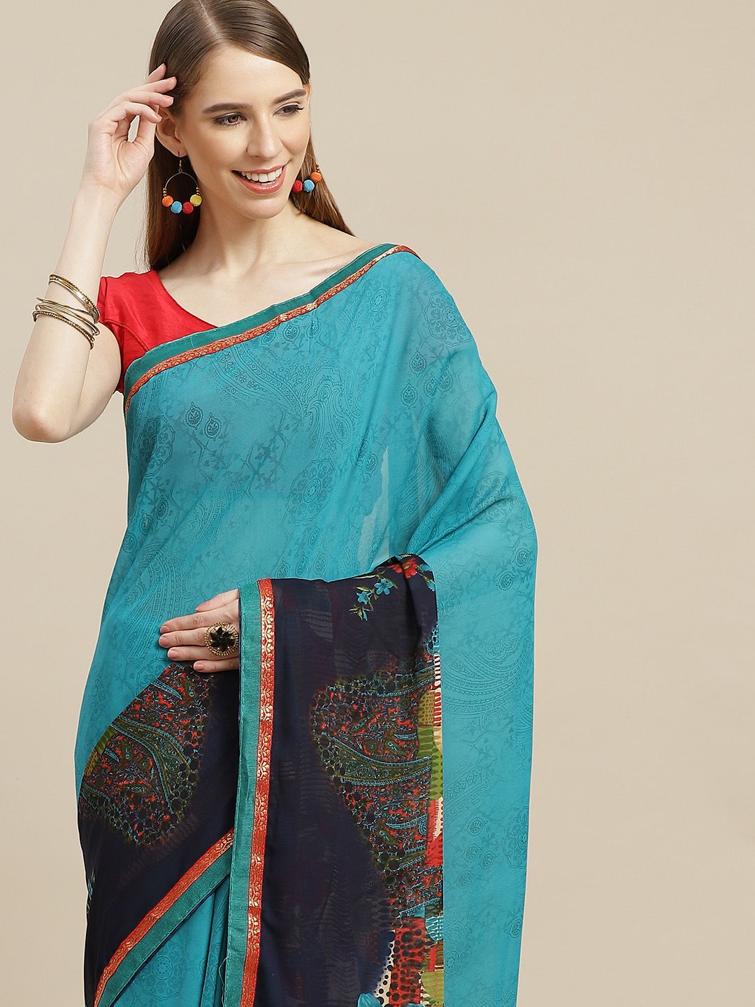 Anouk Blue & Red Ethnic Motifs Pure Georgette Bhagalpuri Saree