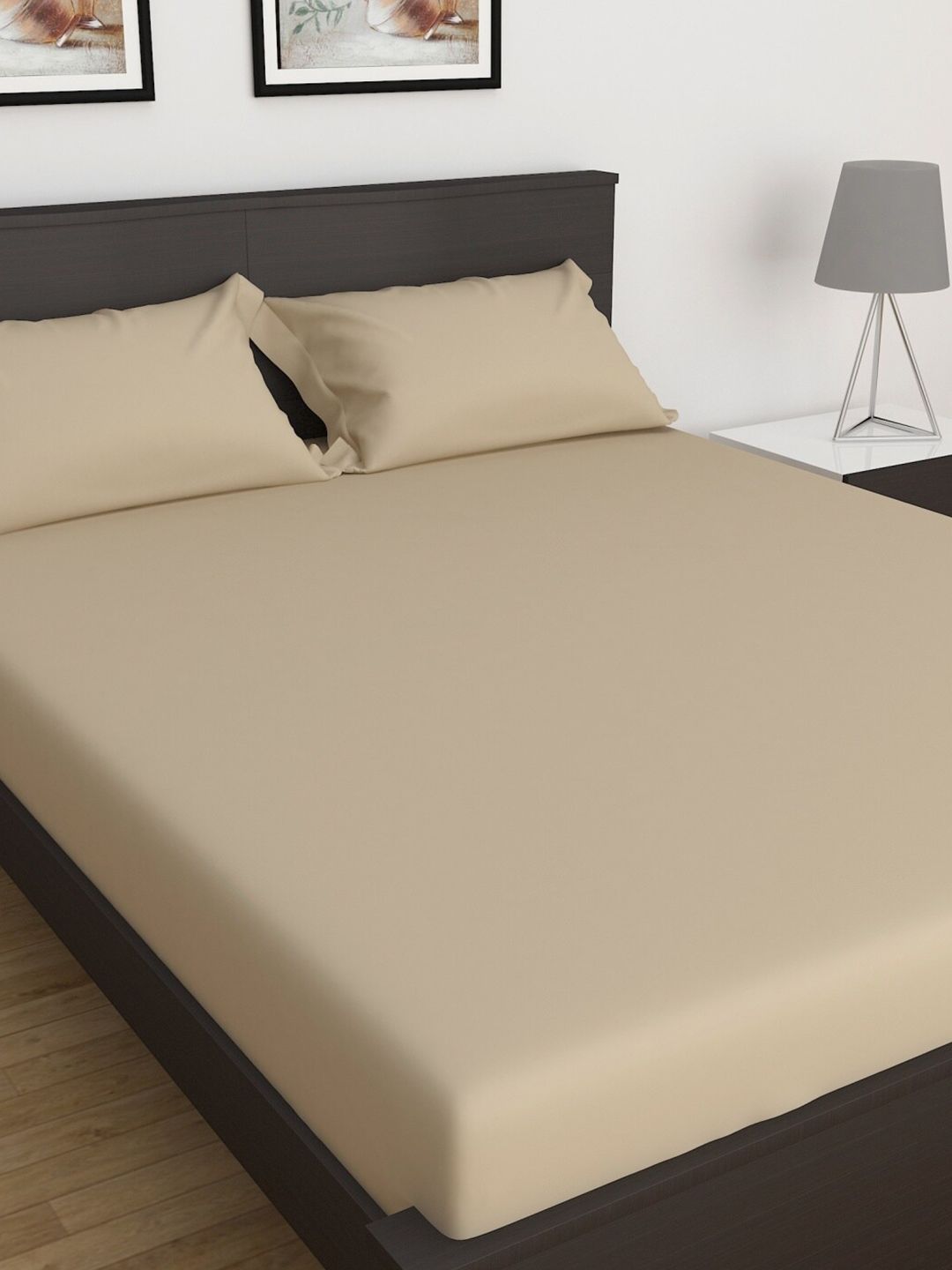 Home Centre Beige 150 TC King Fitted Sheet with 2 Marshmallow Solid Cotton Pillow Cover Price in India