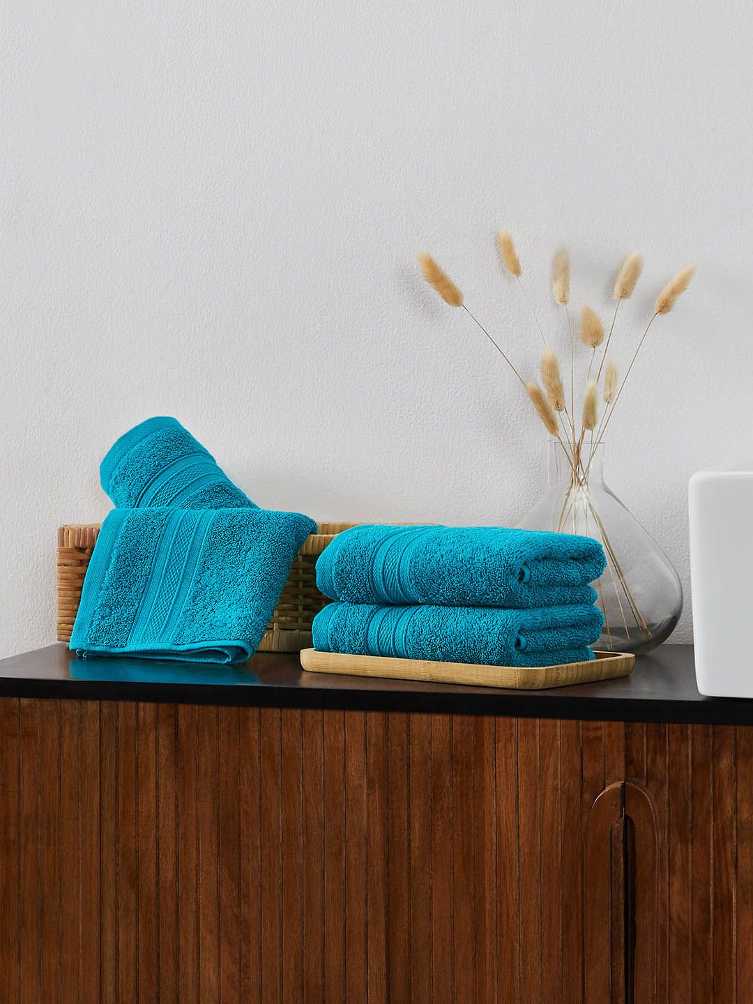 Trident Teal Blue Set of 4 Soft & Plush Cotton Hand Towel Price in India