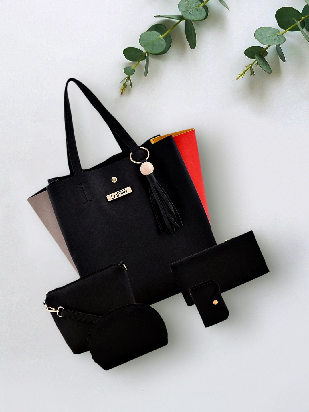 LaFille Black PU Structured Shoulder Bag with Sling Bag, Pouch & Wallet Price in India
