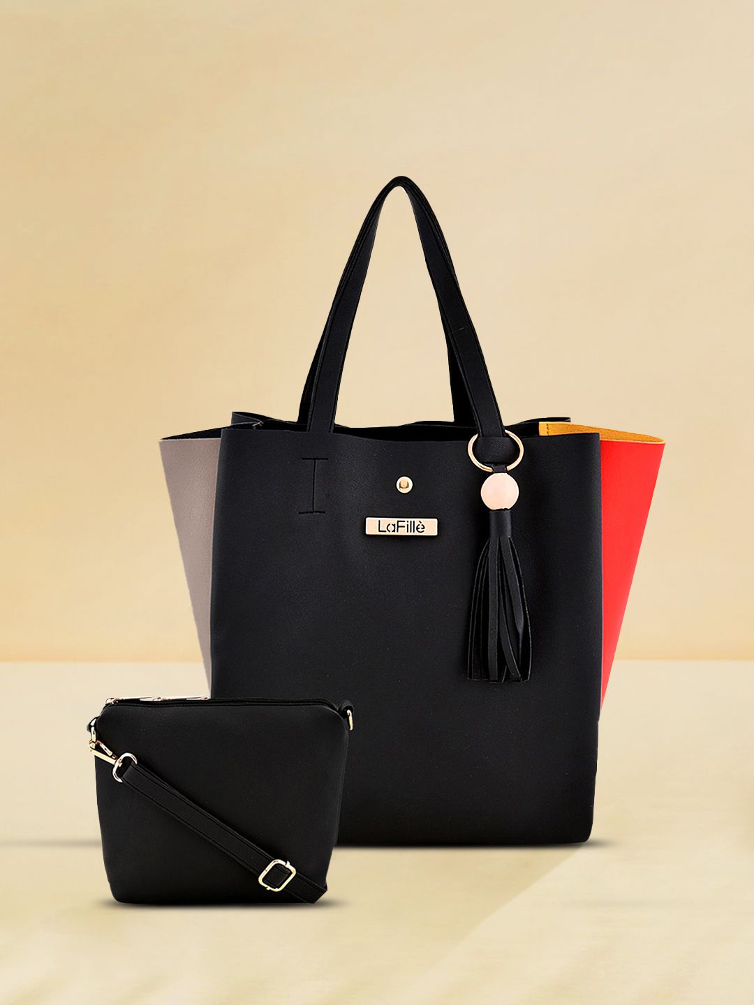 LaFille Black Colourblocked Shopper Tote Bag with Tasselled Price in India