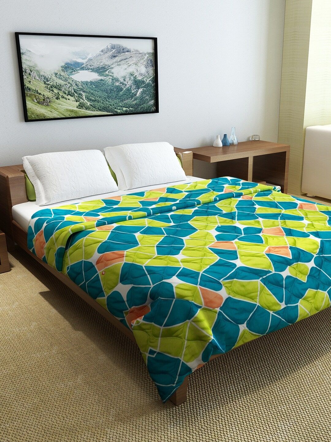 Divine Casa Blue & Lime Green Geometric Mild Winter 210 GSM Double Bed Comforter Price in India