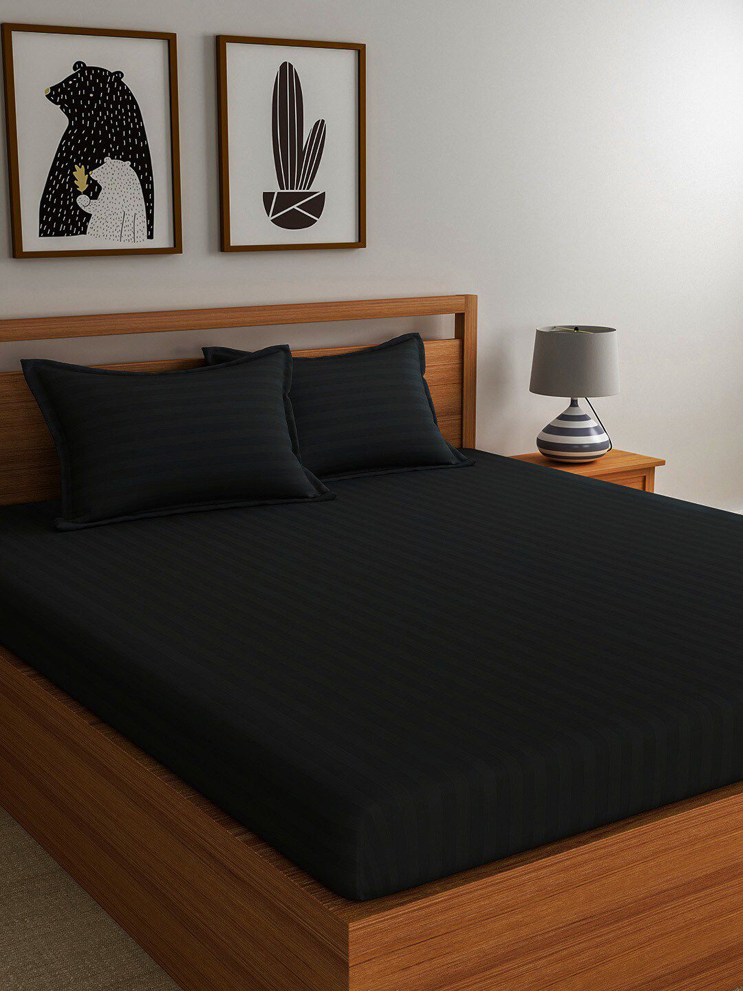 Florida Black Striped 300 TC King Bedsheet with 2 Pillow Covers Price in India
