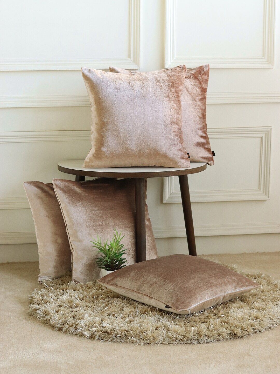 GM Beige Set of 5 Velvet Solid Square Cushion Covers Price in India