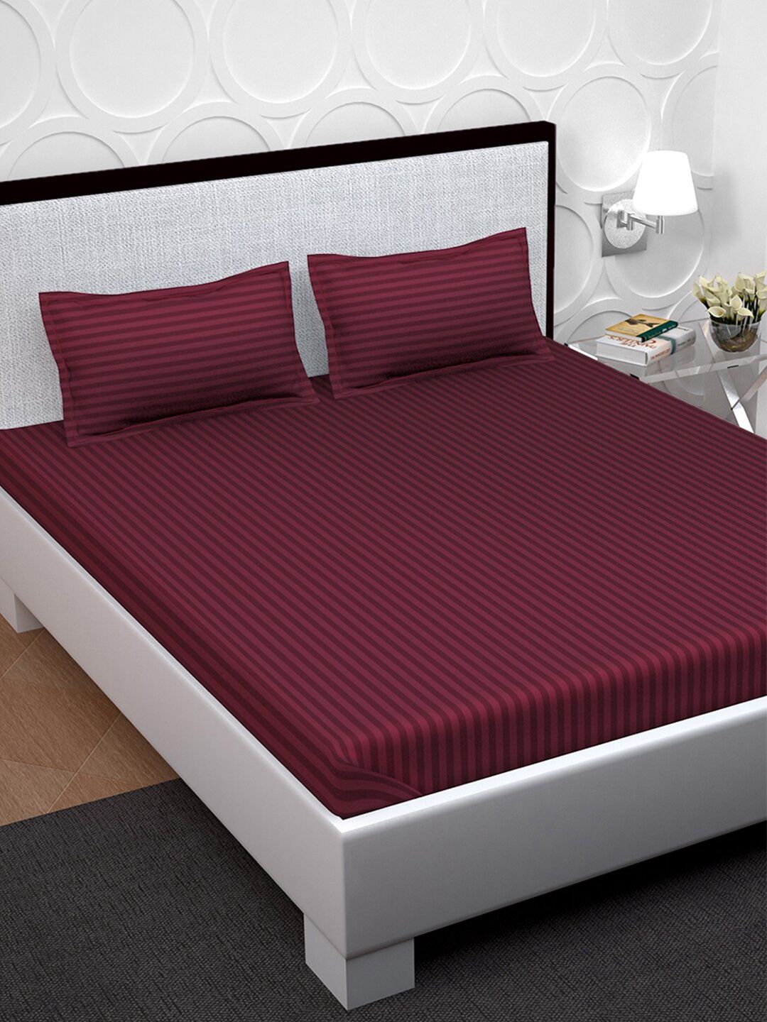 PAVO Maroon Striped 210 TC King Bedsheet with 2 Pillow Covers Price in India
