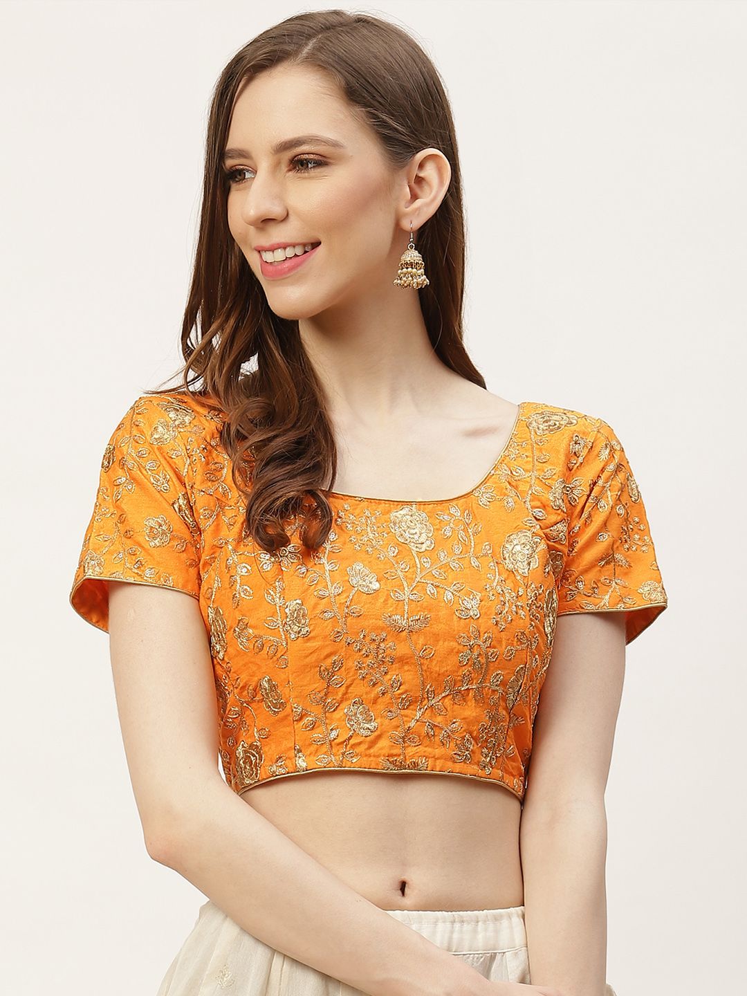 Studio Shringaar Women Orange & Golden Embroidered Saree Blouse Price in India