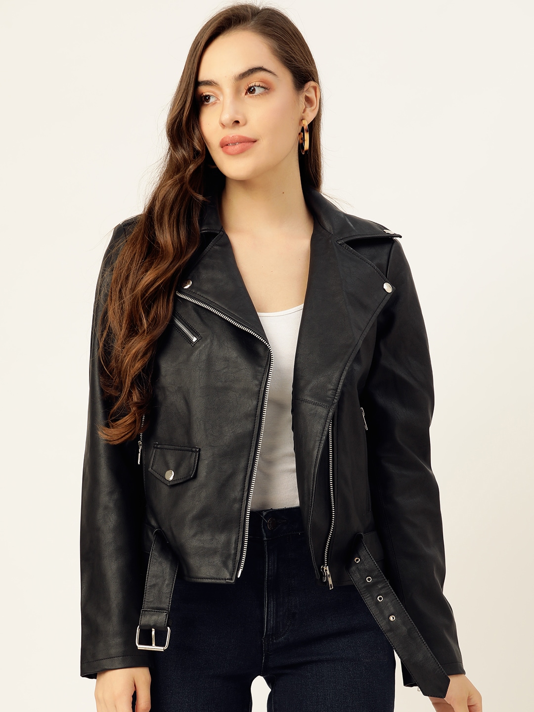 Leather Retail Women Black Solid Lightweight Leather Jacket Price in India