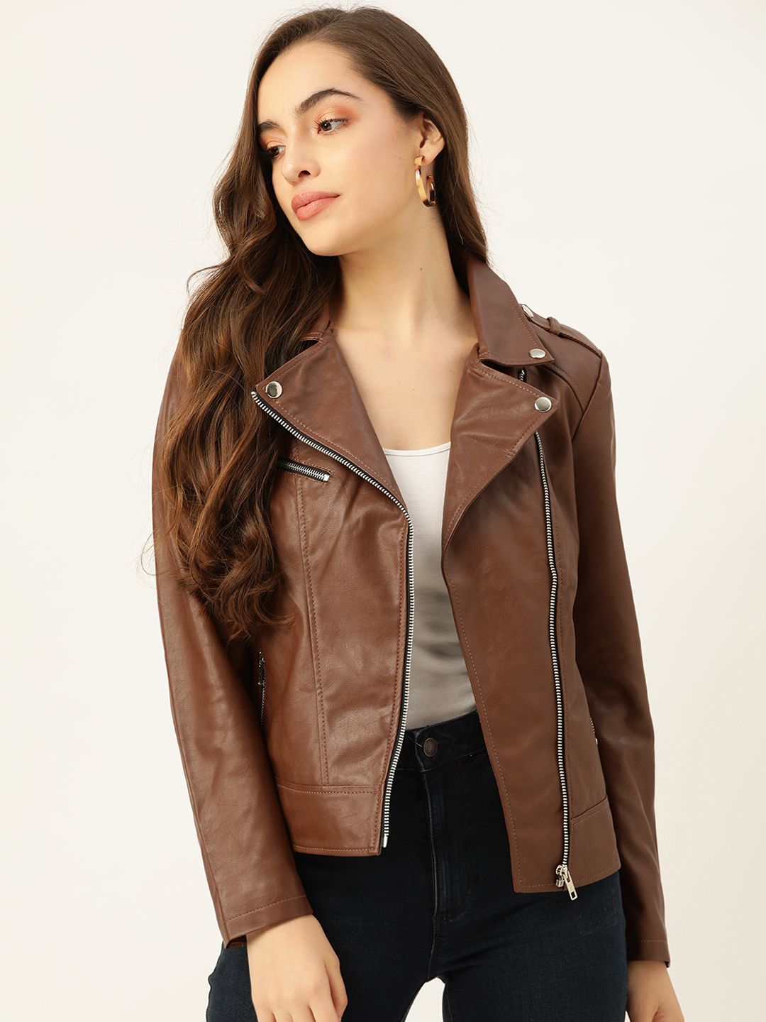 Leather Retail Women Brown Graphic Printed Lightweight Leather Jacket Price in India