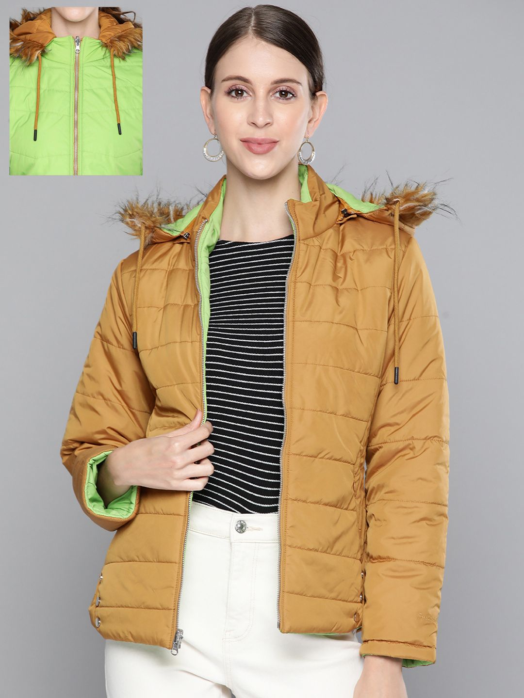 Foreign Culture By Fort Collins Women Mustard Yellow Reversible Parka Jacket Price in India