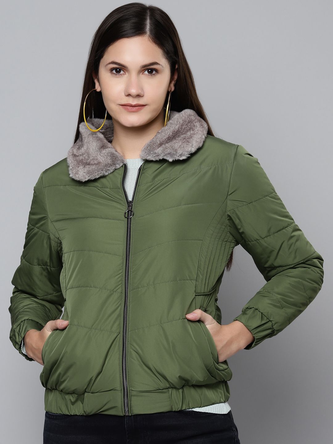 Foreign Culture By Fort Collins Women Olive Green Solid Padded Jacket Price in India