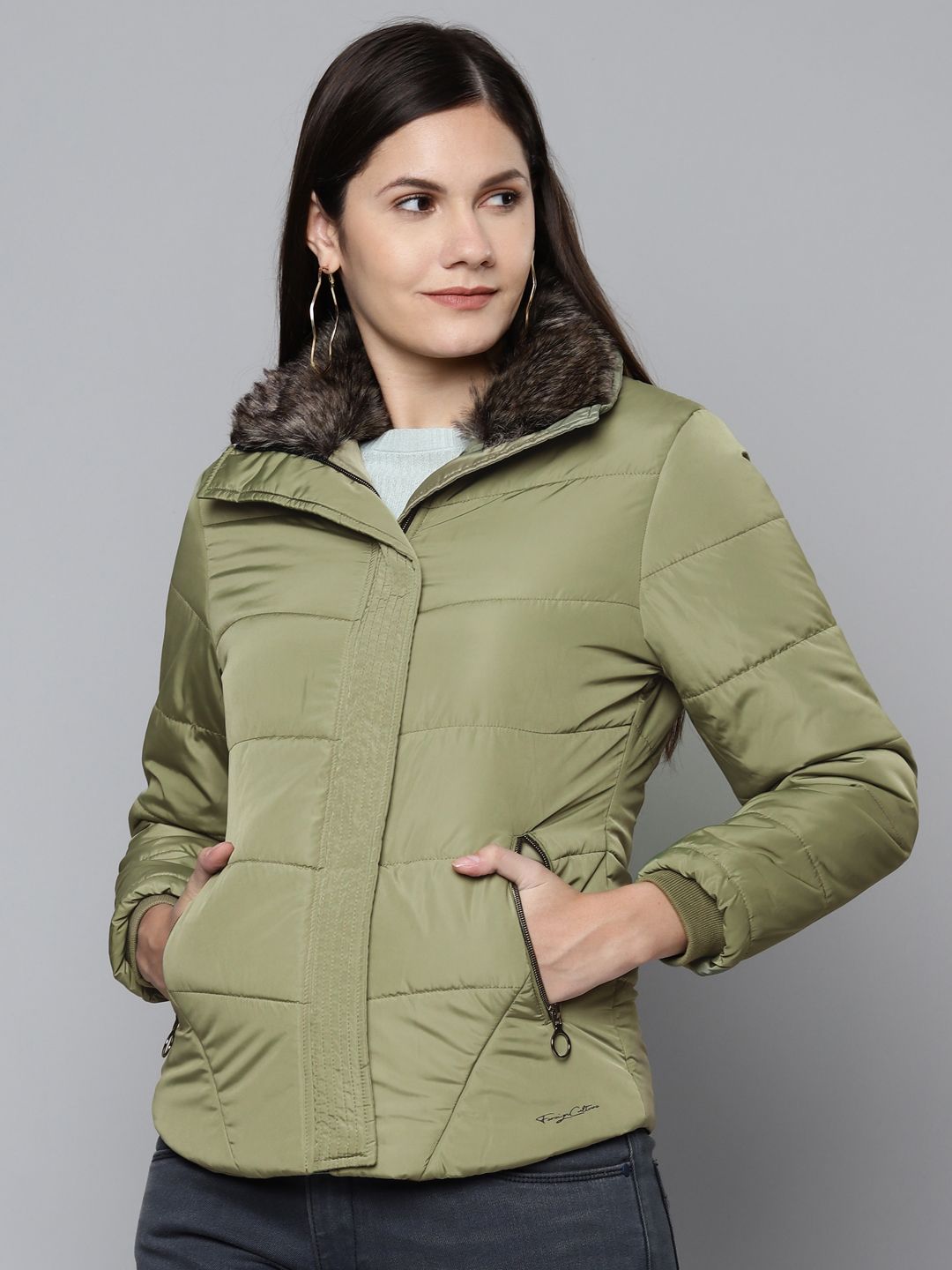 Foreign Culture By Fort Collins Women Olive Green Padded Jacket with Faux Fur Trim Price in India