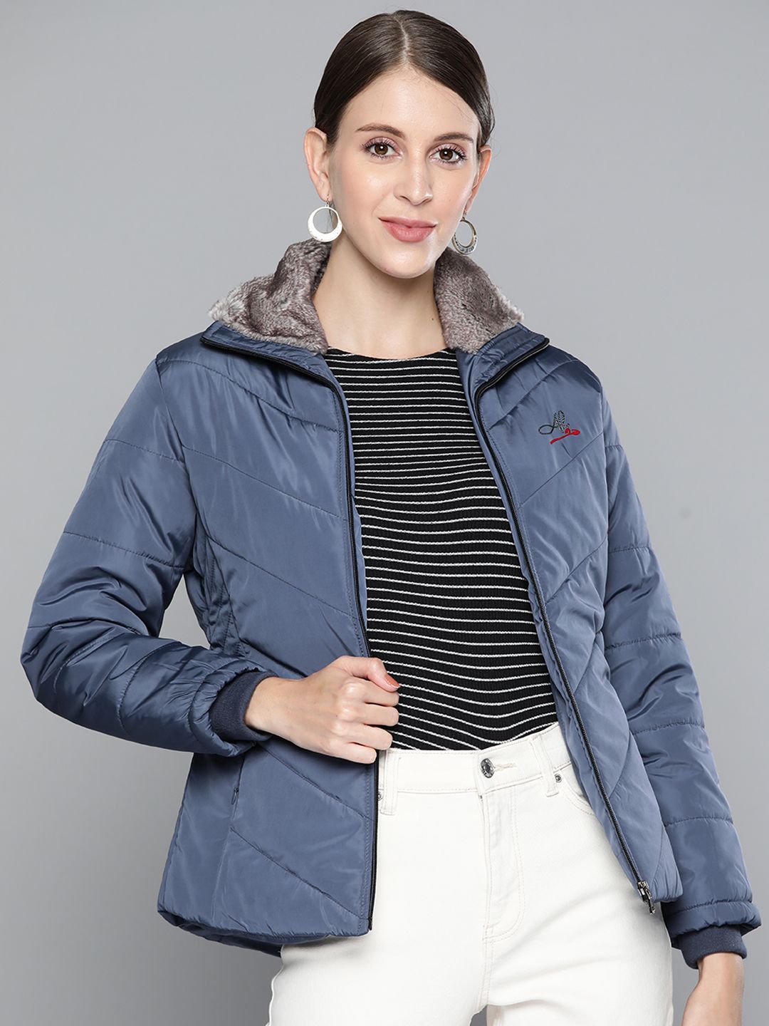 Foreign Culture By Fort Collins Women Navy Blue Solid Padded Jacket Price in India