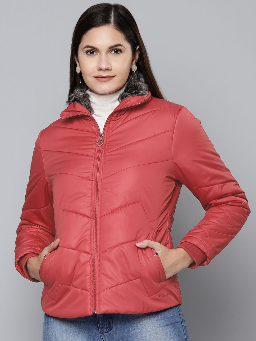 Foreign Culture By Fort Collins Women Maroon Solid Padded Jacket Price in India