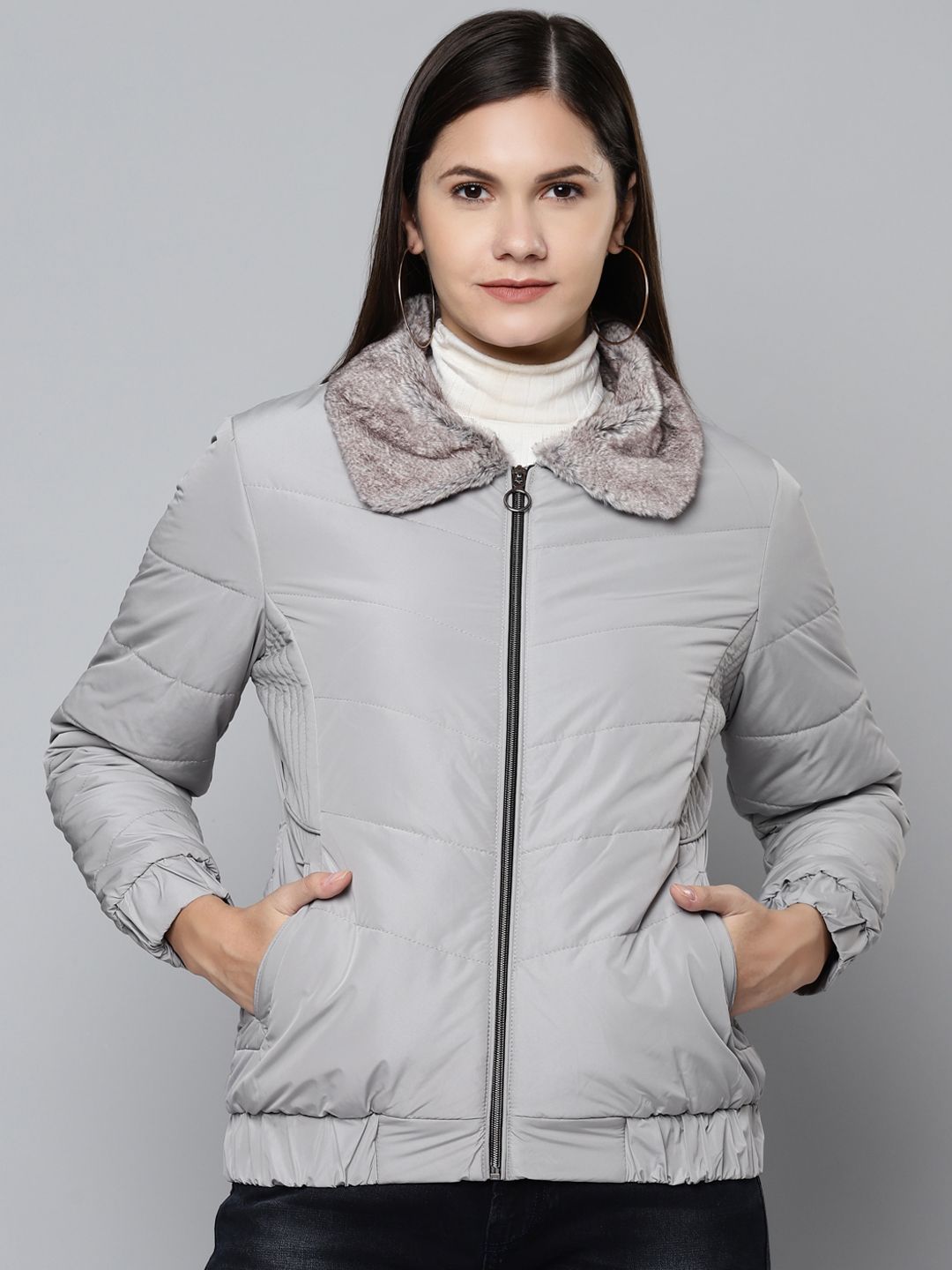 Foreign Culture By Fort Collins Women Grey Solid Padded Jacket Price in India