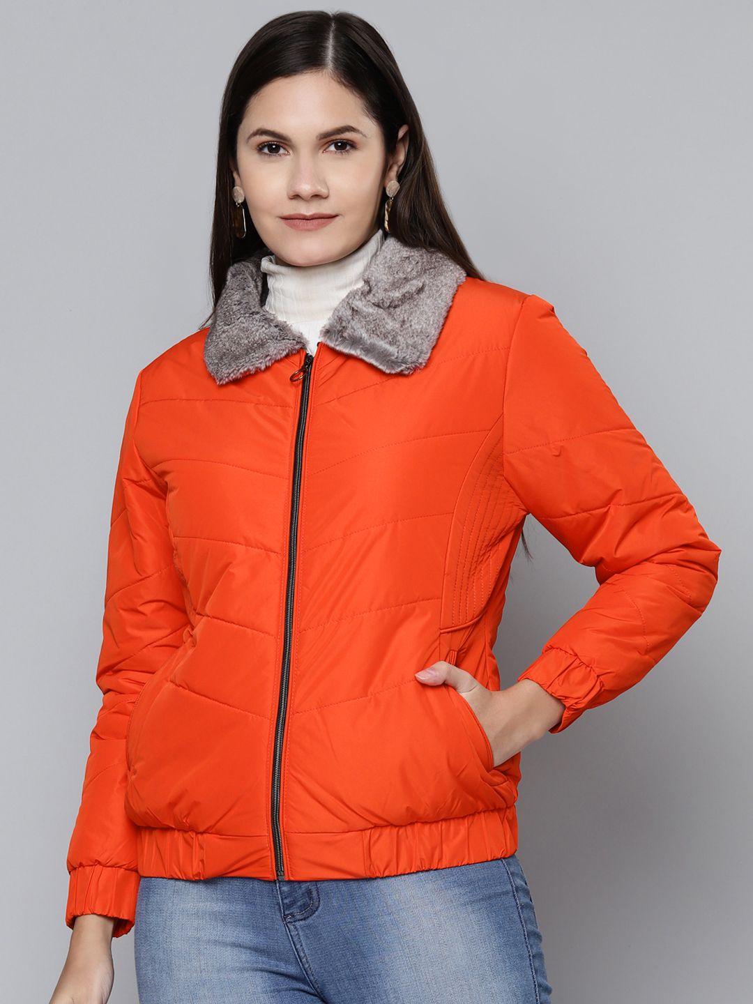 Foreign Culture By Fort Collins Women Rust Orange Solid Padded Jacket Price in India