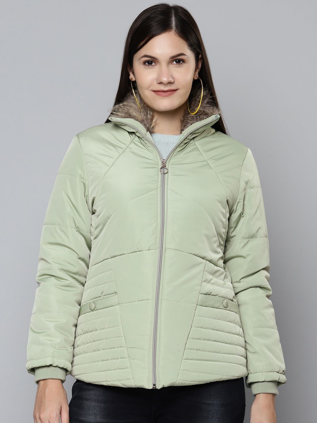 Foreign Culture By Fort Collins Women Green Padded Jacket with Faux Fur Trim Price in India