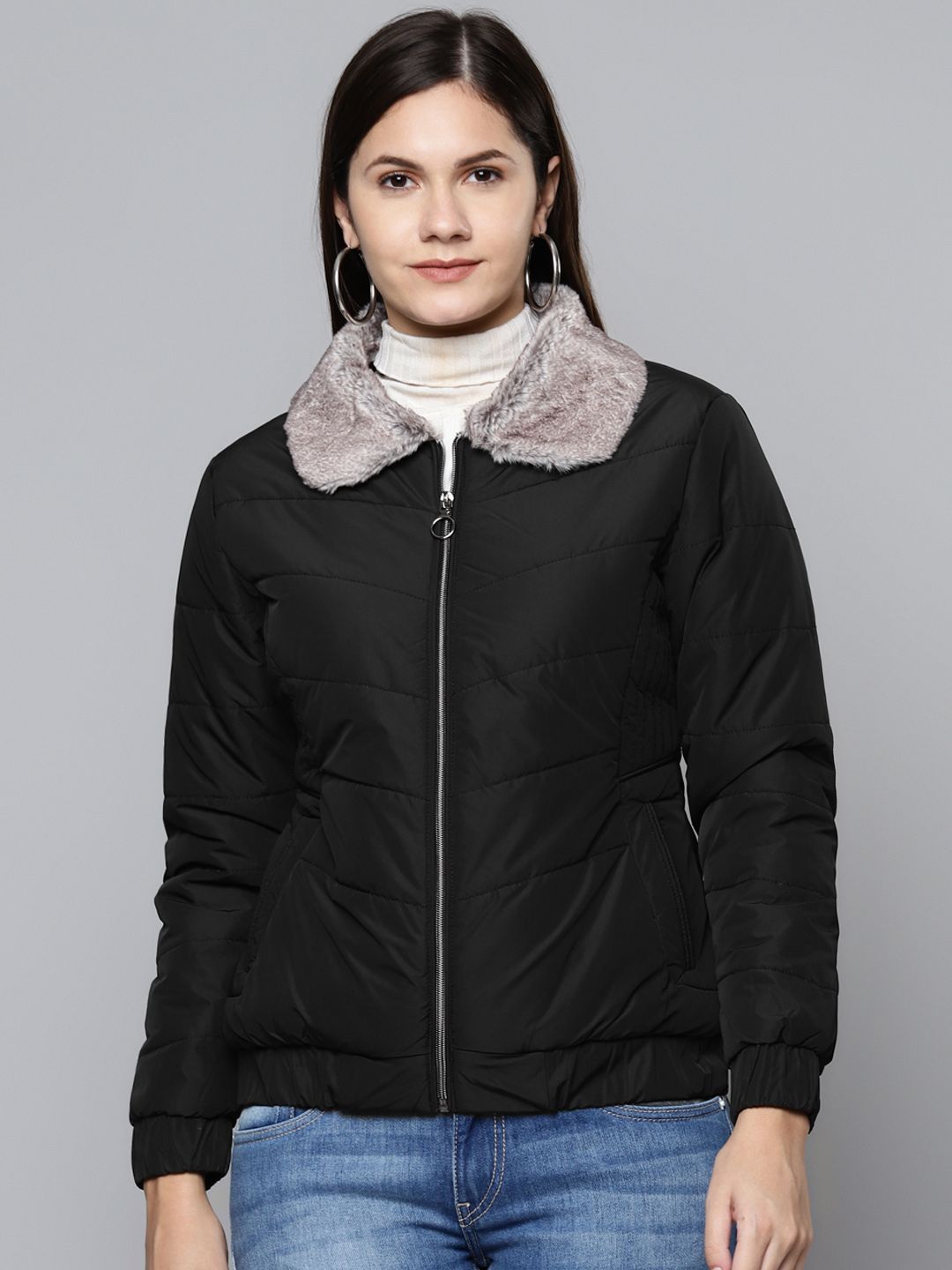 Foreign Culture By Fort Collins Women Black Lightweight Padded Jacket Price in India