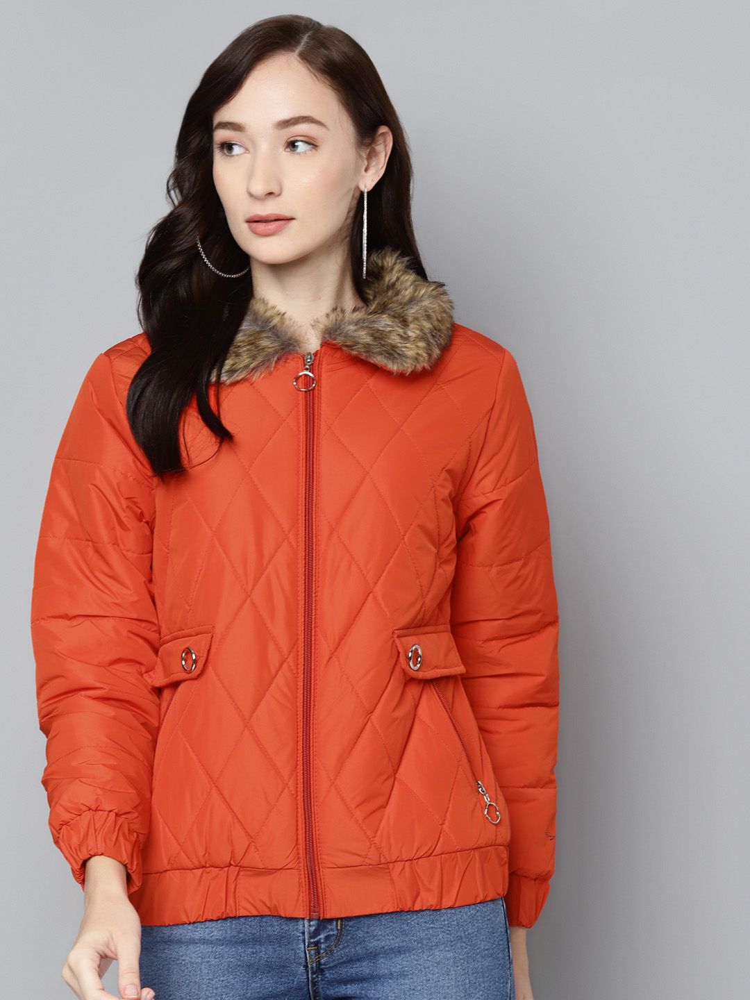 Foreign Culture By Fort Collins Women Coral Red Padded Jacket Price in India