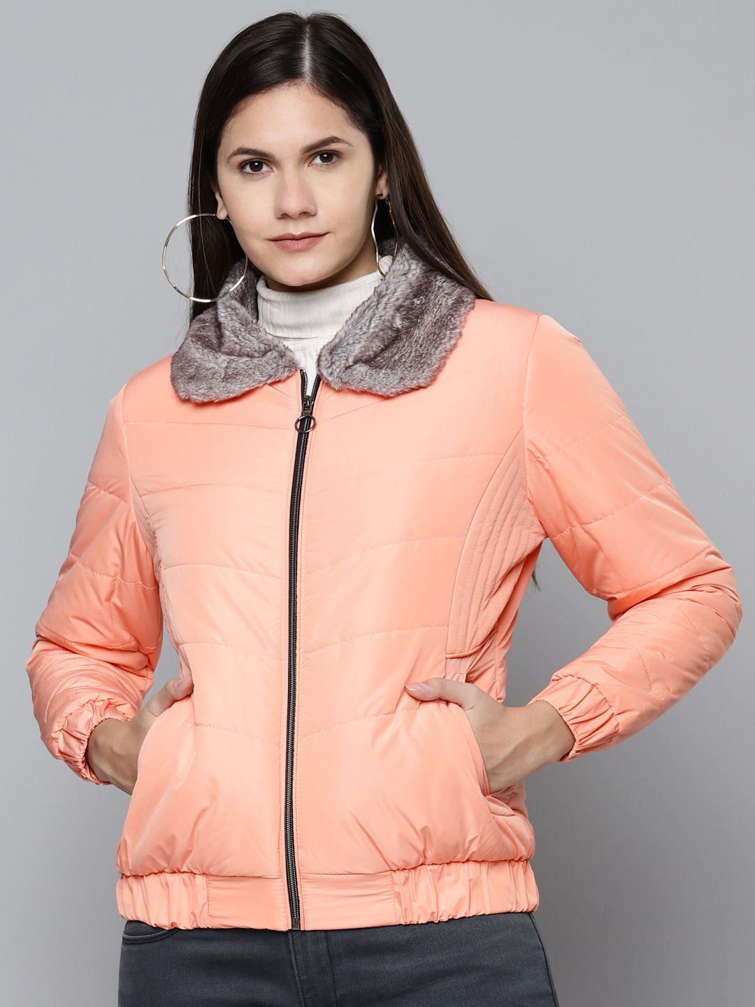 Foreign Culture By Fort Collins Women Peach-Coloured Bomber Jacket Price in India