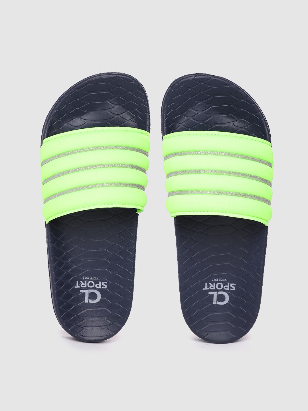 Carlton London sports Women Fluorescent Green Striped Sliders Price in India