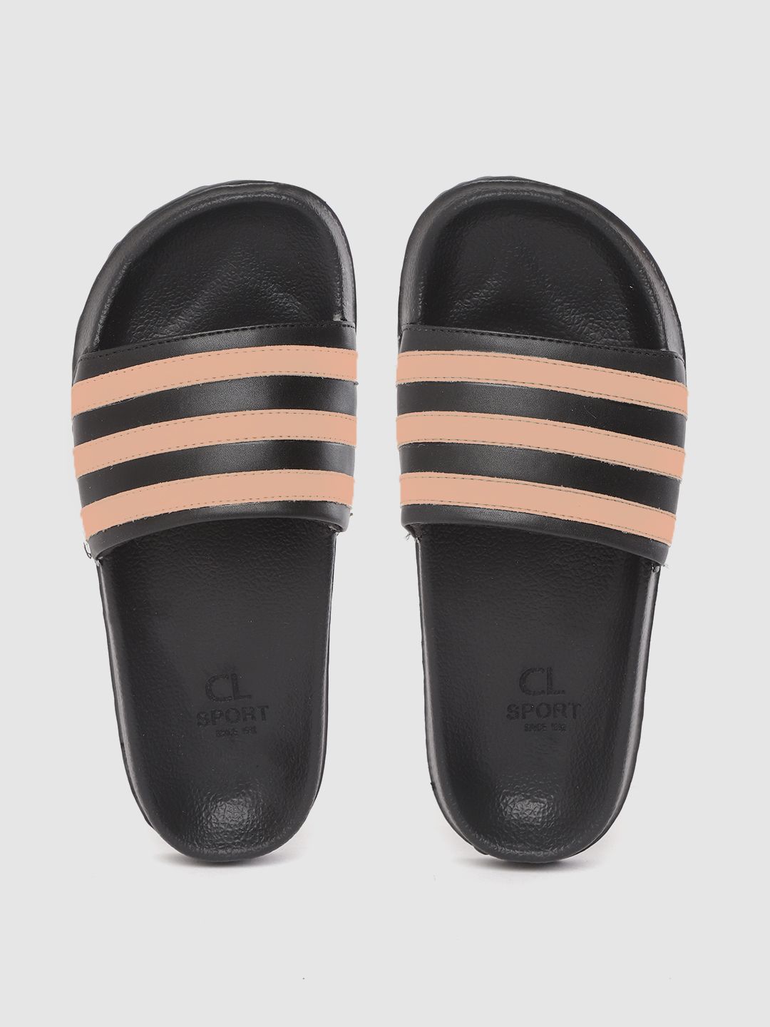 Carlton London sports Women Black & Peach-Coloured Striped Sliders Price in India