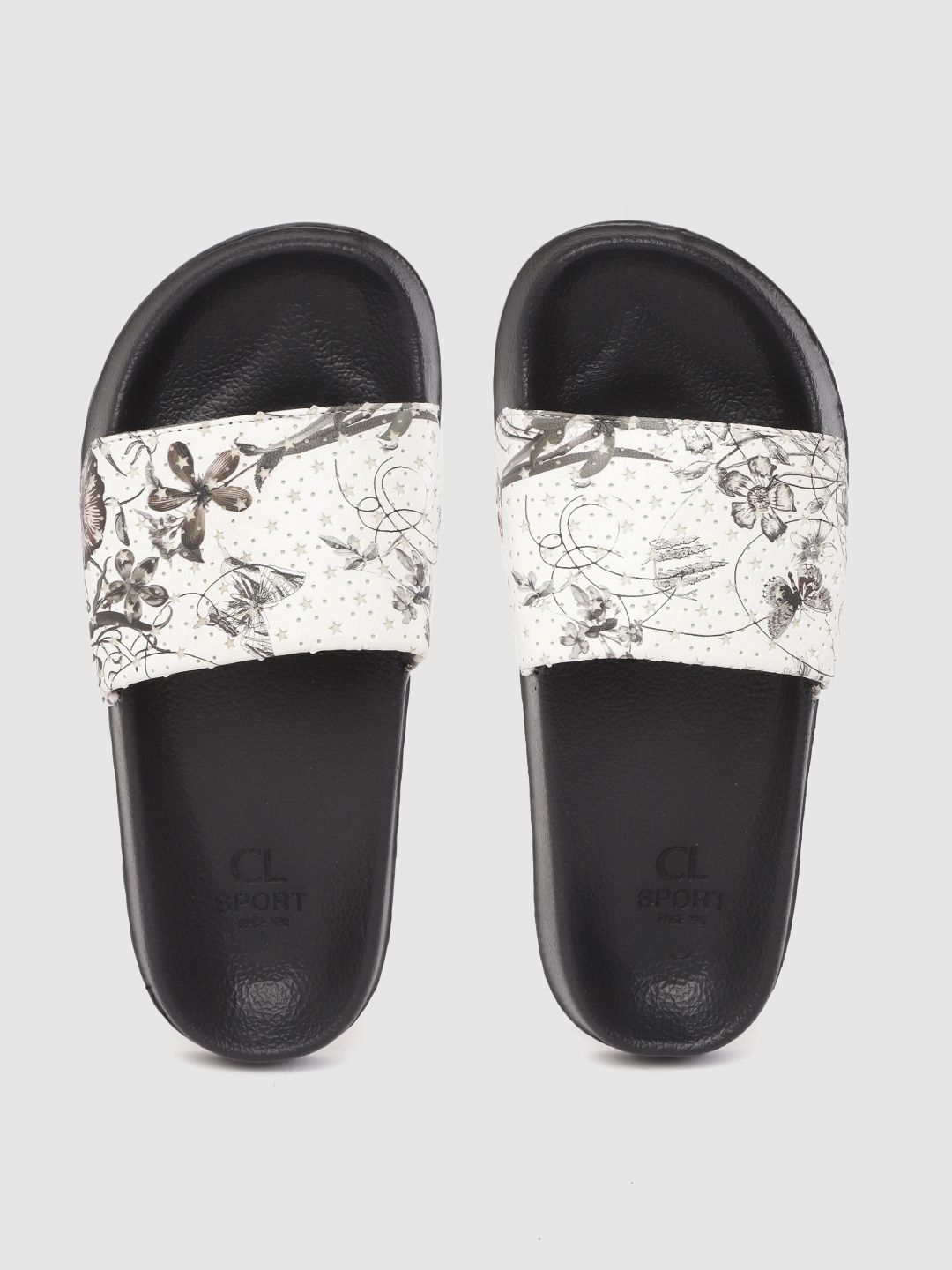 Carlton London sports Women White & Black Floral Print Stars Texture Sliders Price in India