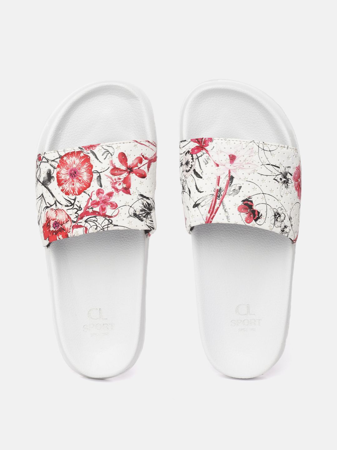 Carlton London sports Women White & Red Floral Print Perforated Sliders Price in India