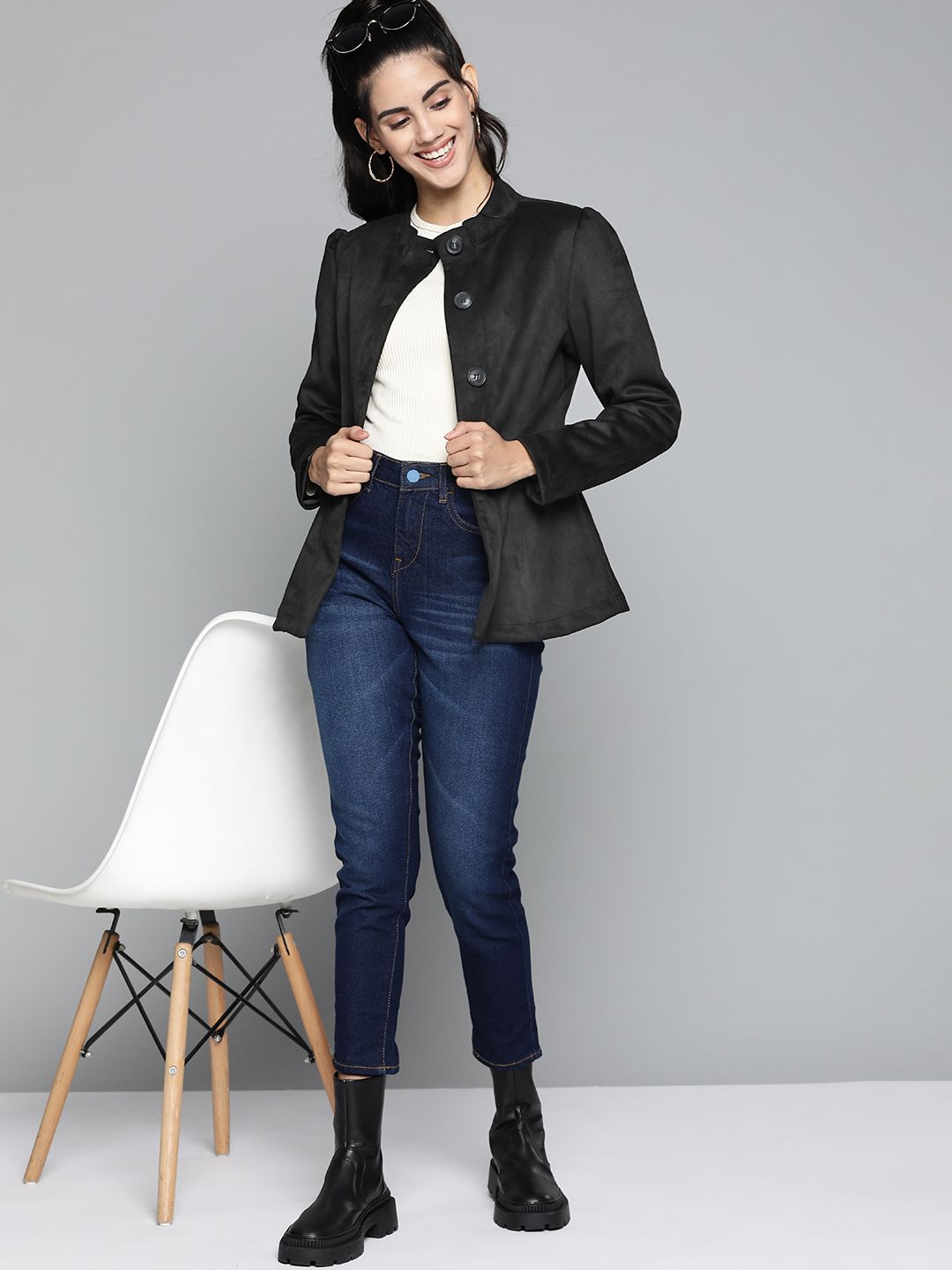 HERE&NOW Women Black Solid Tailored Jacket Price in India