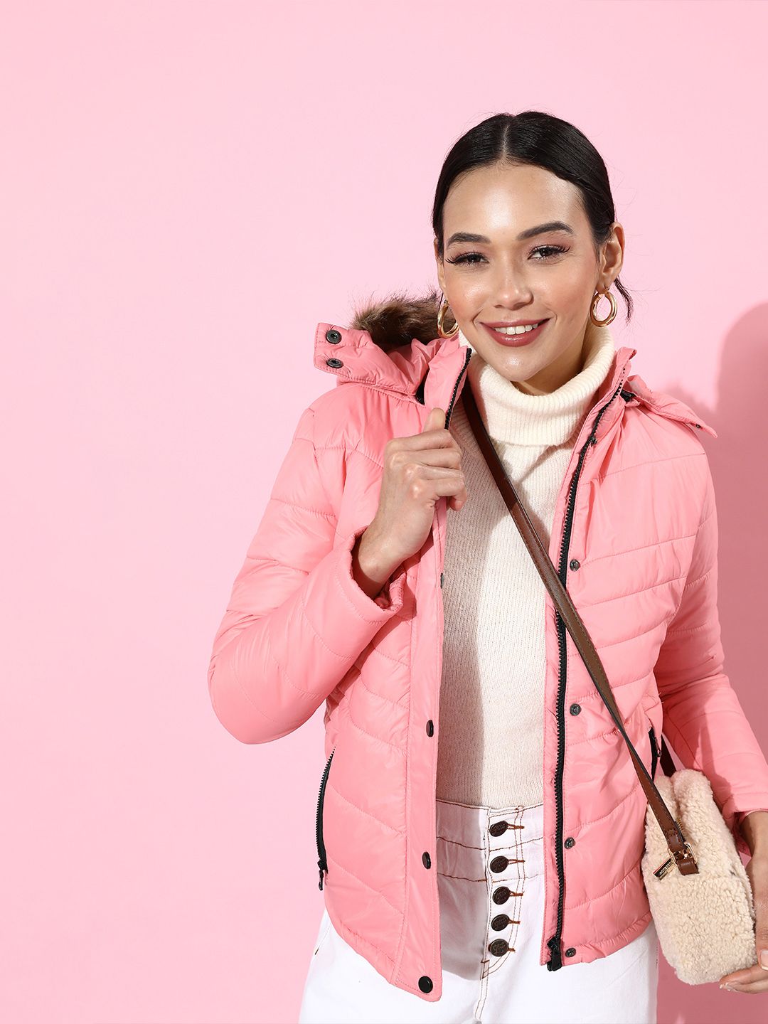 HERE&NOW Women Pretty Pink Solid Parka Jacket Price in India