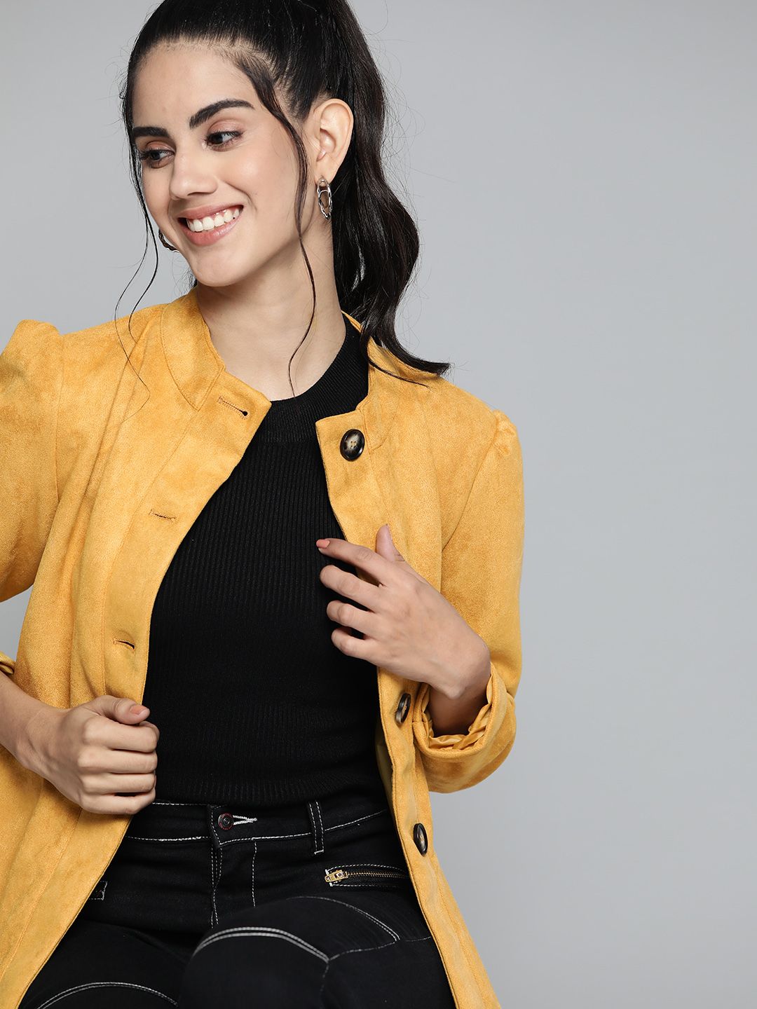 HERE&NOW Women Mustard Yellow Solid  Tailored Jacket Price in India