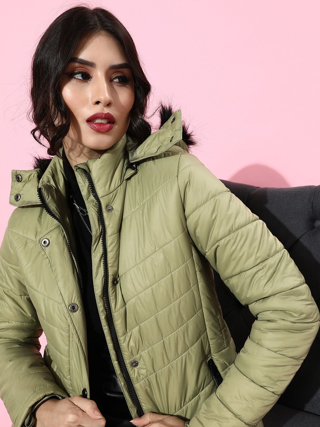 HERE&NOW Women Lovely Olive Solid Parka Jacket Price in India