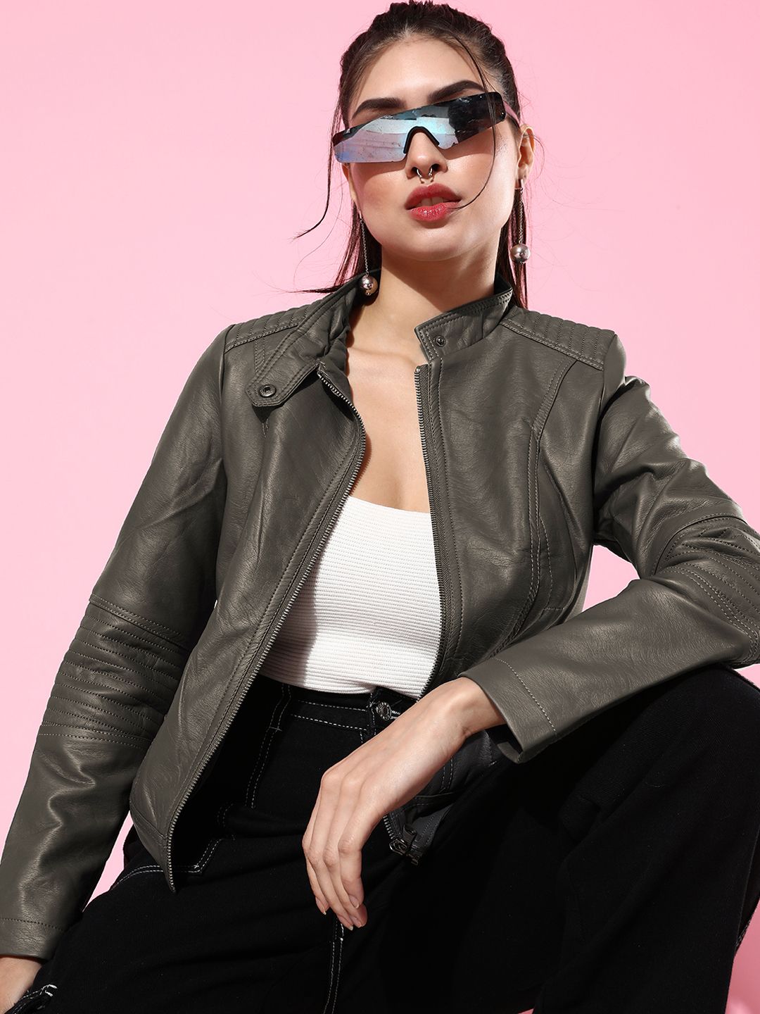 HERE&NOW Women Charcoal Solid Biker Jacket Price in India