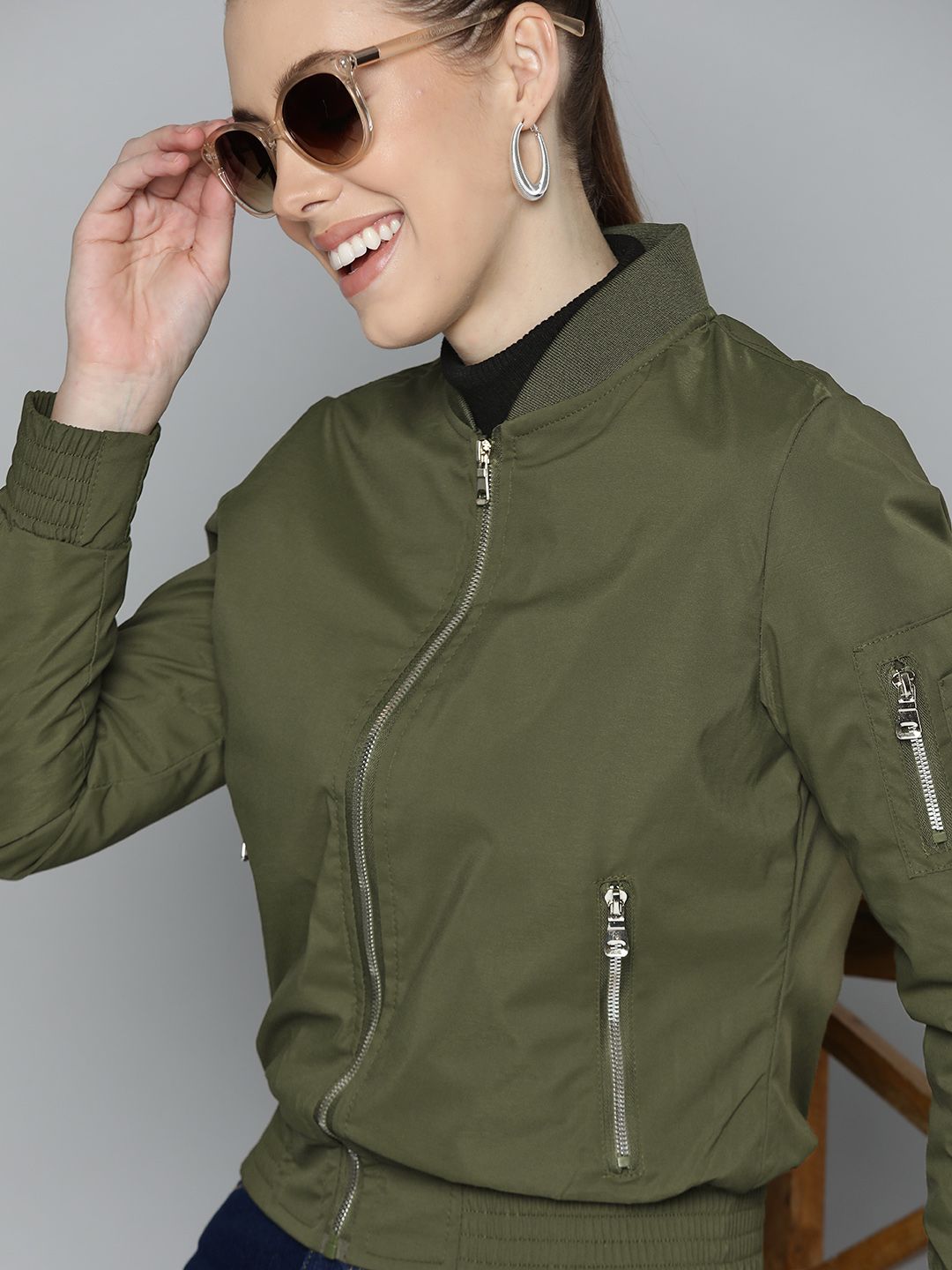 HERE&NOW Women Olive Green Bomber Jacket Price in India