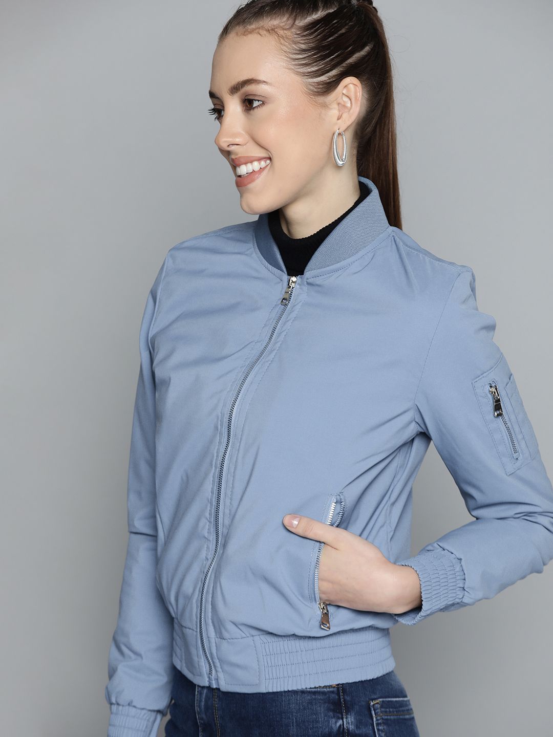 HERE&NOW Women Blue Solid Bomber Jacket Price in India