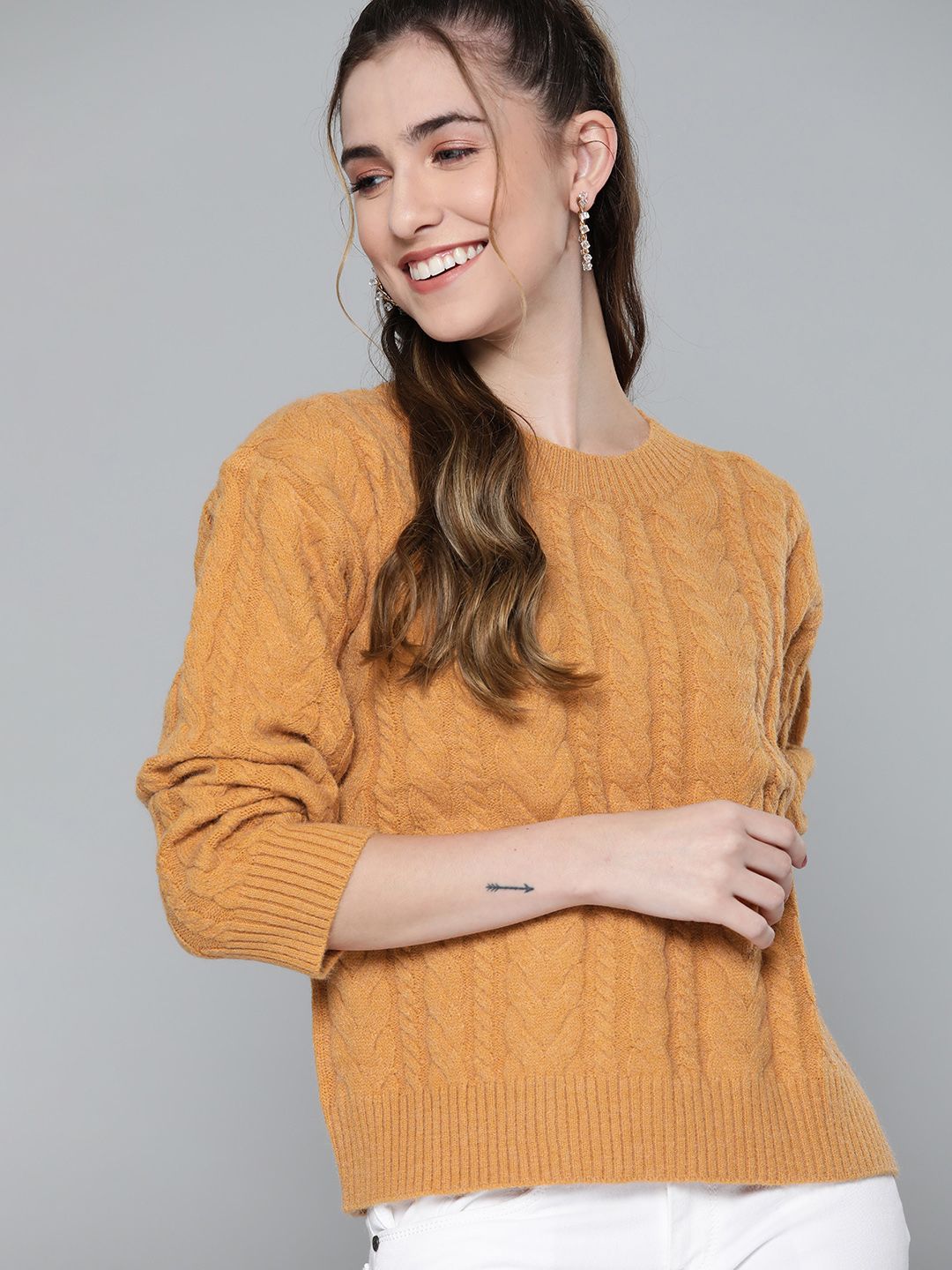 HERE&NOW Women Mustard Yellow Cable Knit Pullover Price in India